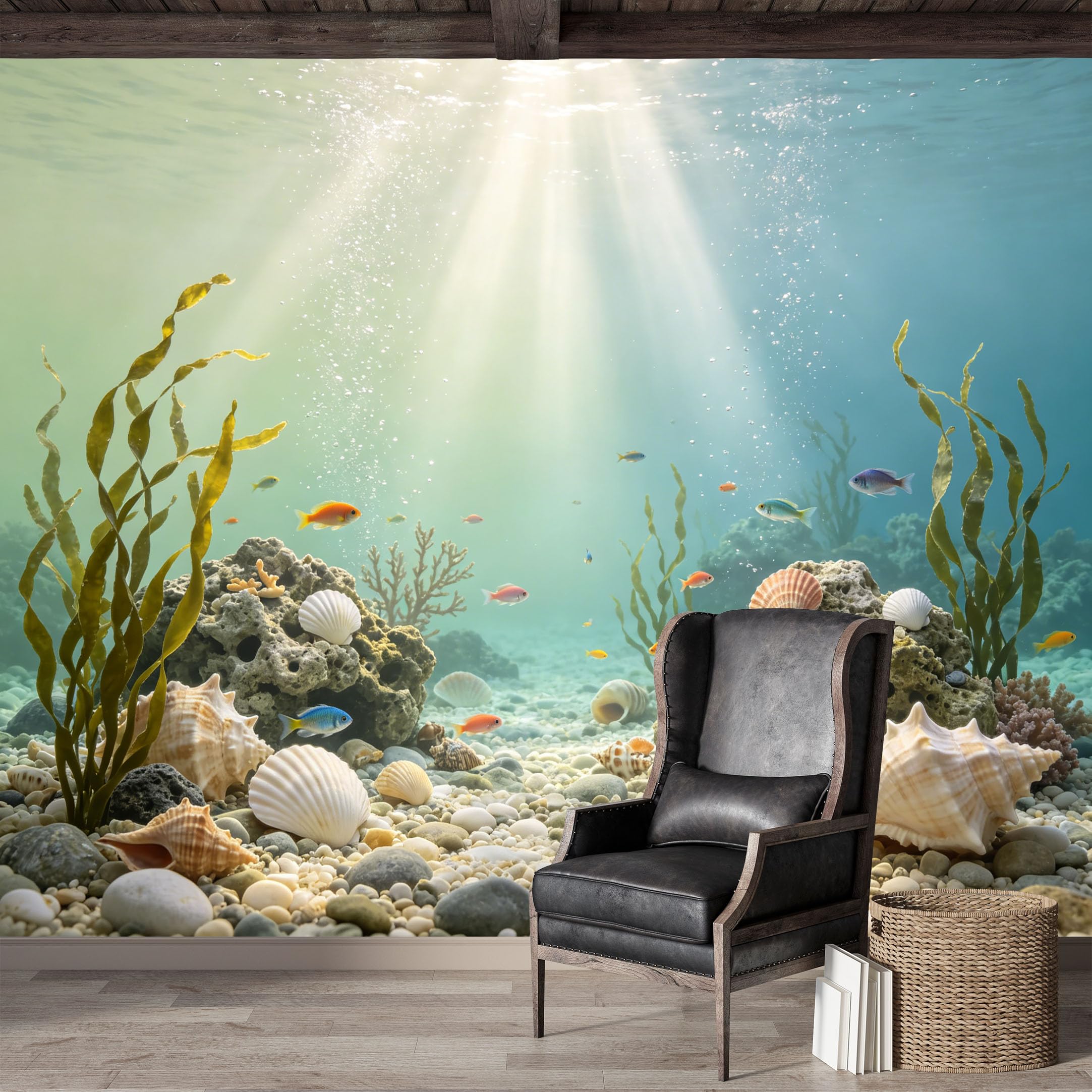 Custom Size Wall Mural,Underwater Ocean Seascape Marine Life Seashells Kelp Forest Premium Water Activated SelfAdhesive Wallpaper,Removable Wall Covering for Indoor Home Decor