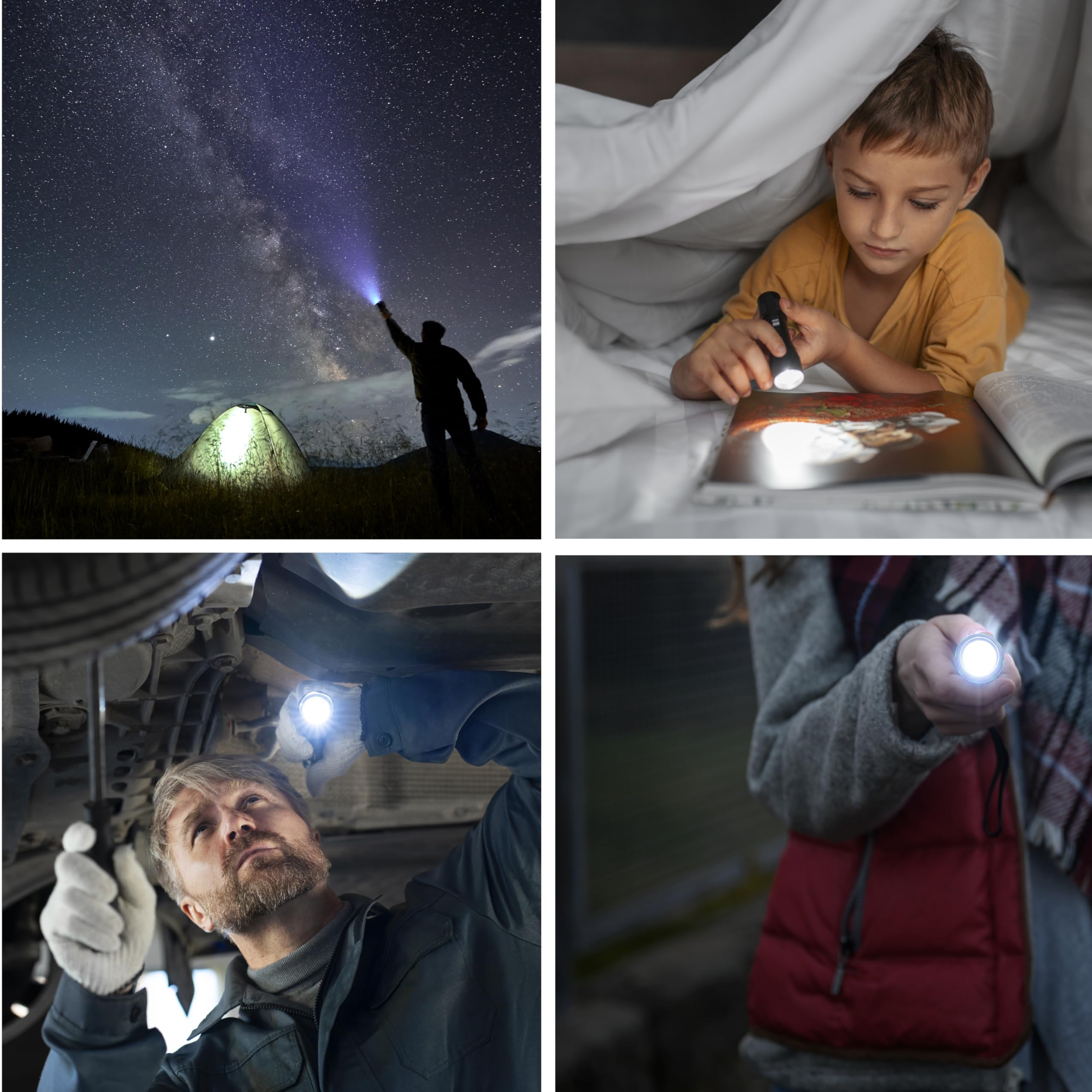 HyCell 10 x mini latarka LED z zoomem, możliwość ustawienia ostrości, w zestawie baterie AAA + 40 baterii AAA, poręczna lampa LED z bezstopniową regulacją ostrości, na kemping, do warsztatu, czarna,