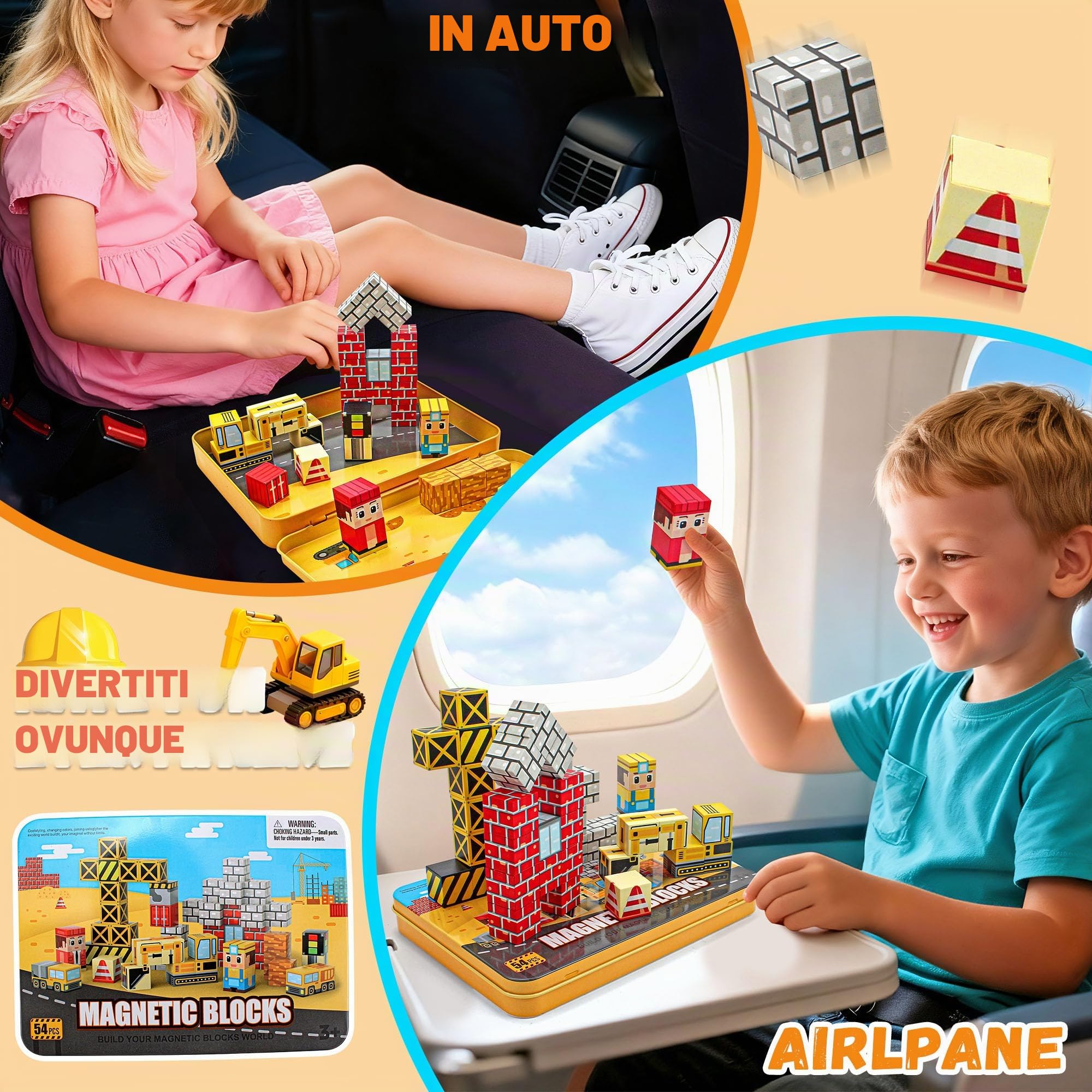 54 Pezzi Blocchi Magnetici Mini, Giocattoli da Viaggio con Scatola Portatile in Ferro per Bambini 3+, Cubi Magnetici a Tema Costruzioni per Viaggi in Aereo e Auto