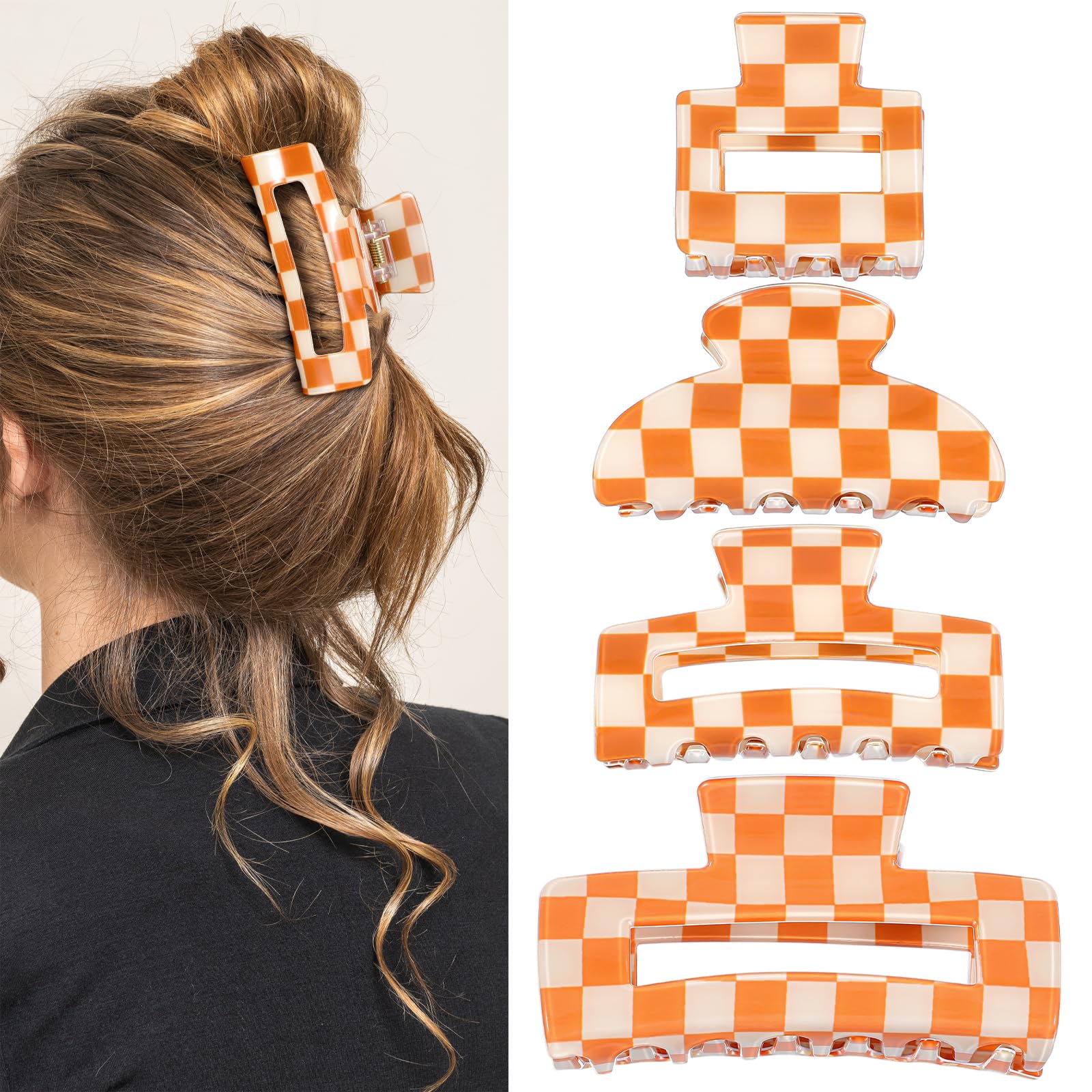 4 pinzas de pelo a cuadros, pinzas antideslizantes para cabello grueso, fino, rizado, liso, largo, estilo simple, naranja y blanco, accesorios para el cabello para mujer