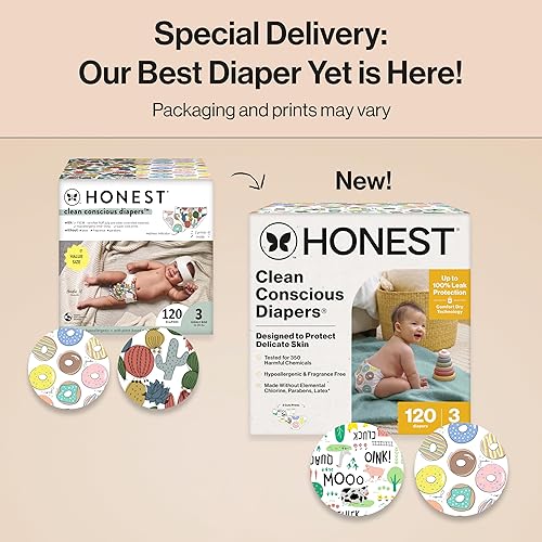 Miniatura 2 de The Honest Company Clean Conscious - Pañales para pieles sensibles, hasta un 100% a prueba de fugas, hipoalergénicos, estampados neutros, caja Super