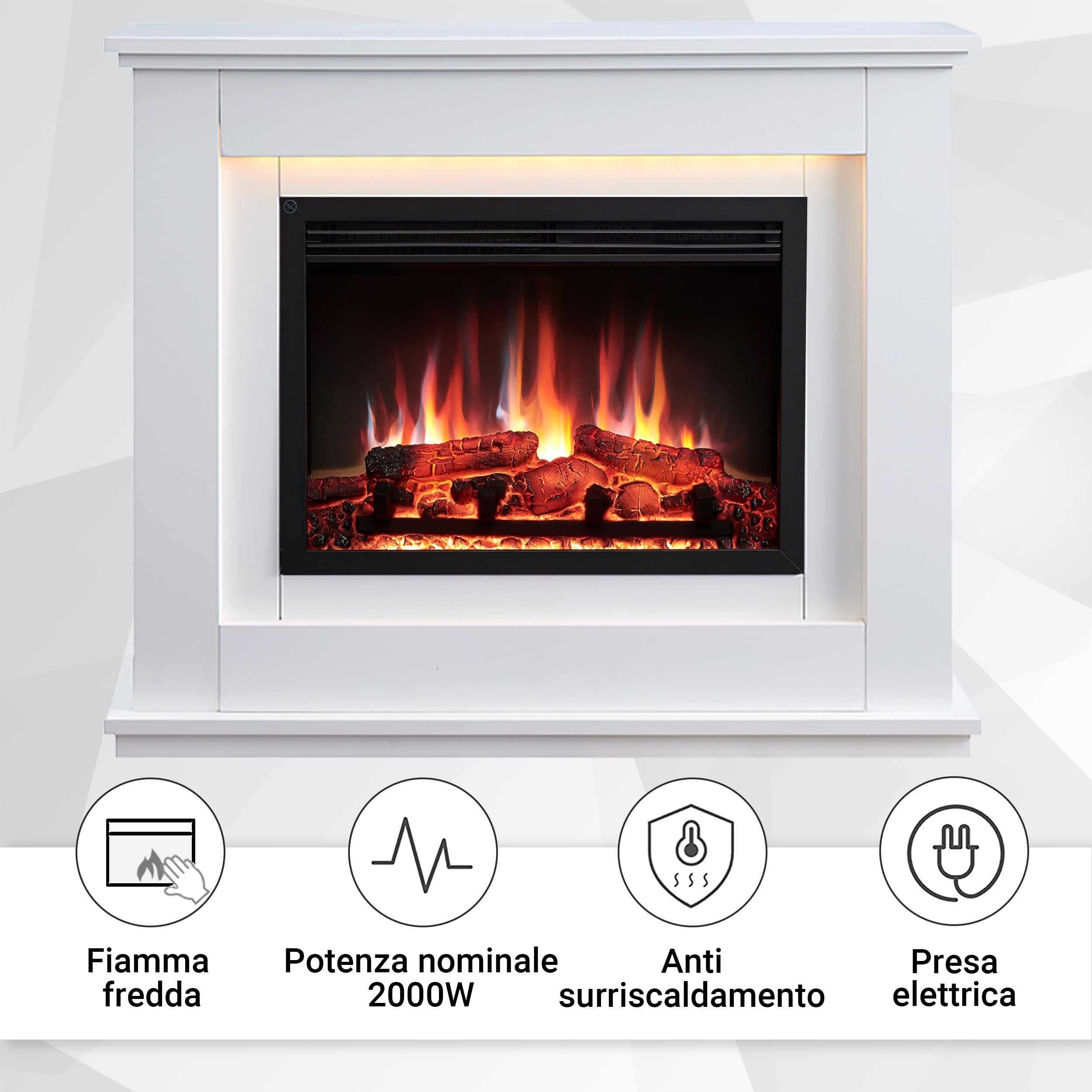 BALDERIA camino elettrico Baldur | Caminetto elettrico a pavimento con effetto fiamma 3D | Riscaldamento elettrico 2000 W | Focolare con app, telecomando, timer, termostato | Bianco