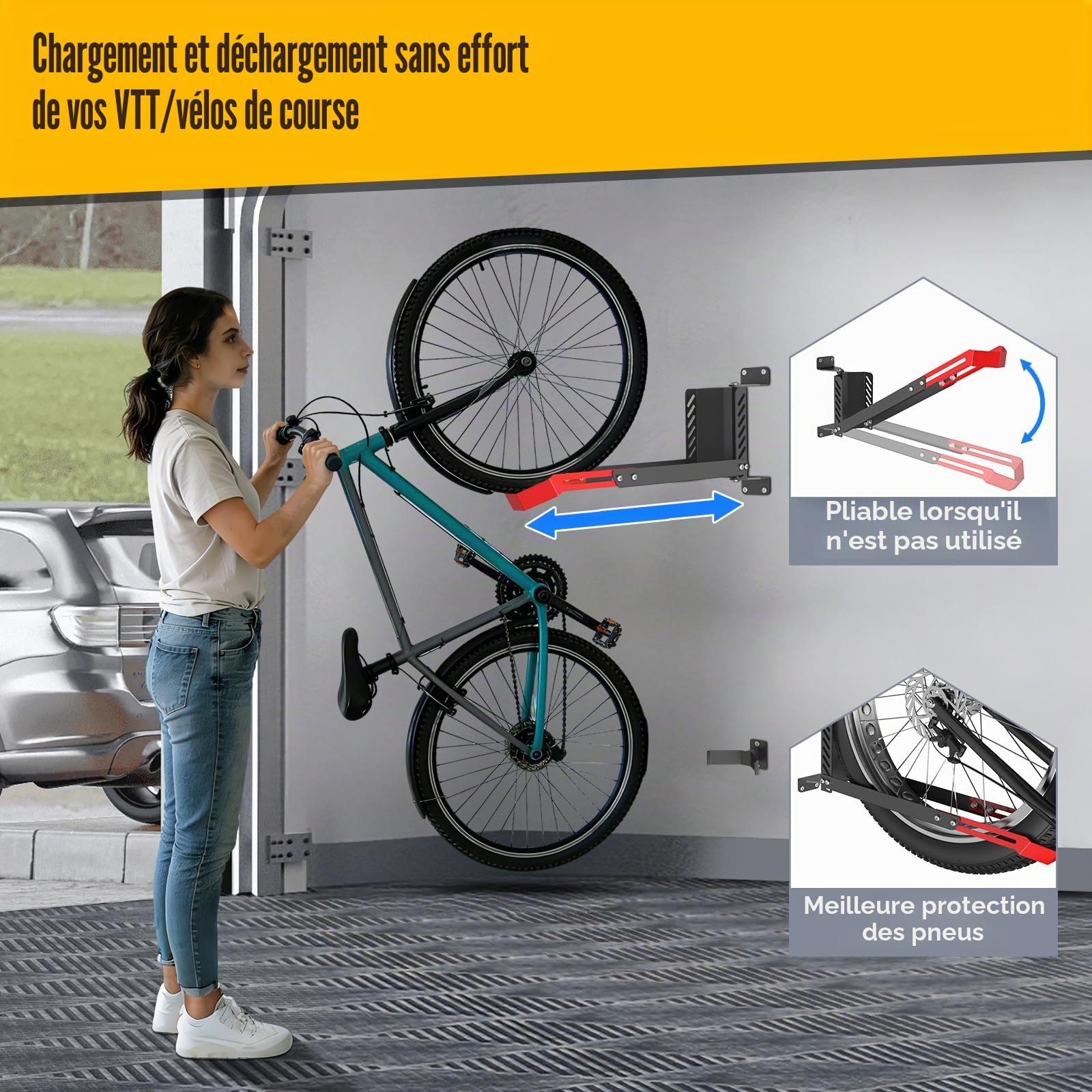 Support mural pour vélo, pivotant à 160°, de qualité supérieure, sans levage lourd, peut supporter jusqu'à 40 kg, support mural pliable réglable pour un rangement peu encombrant, convient pour les