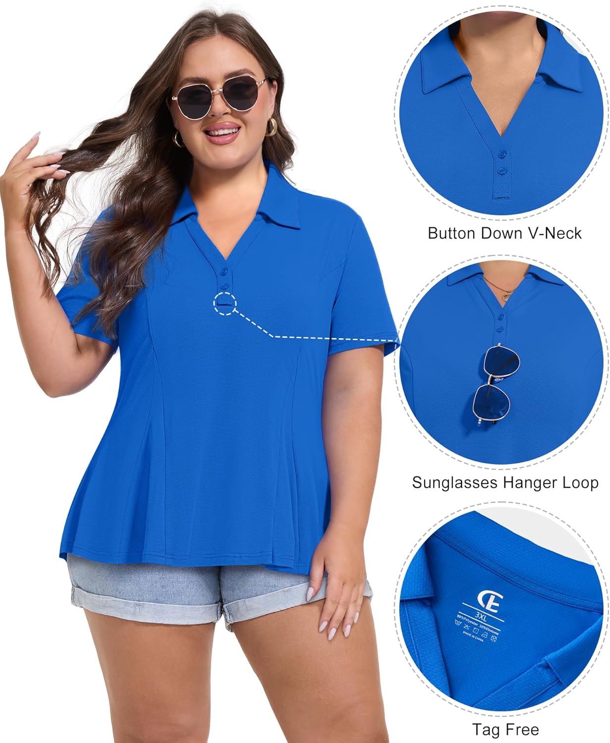 Casei Women's Plus Size Golf Polo Shirt with Sunglasses Holder UPF 50+ Tunic Tops Casual Workout Work Shirts