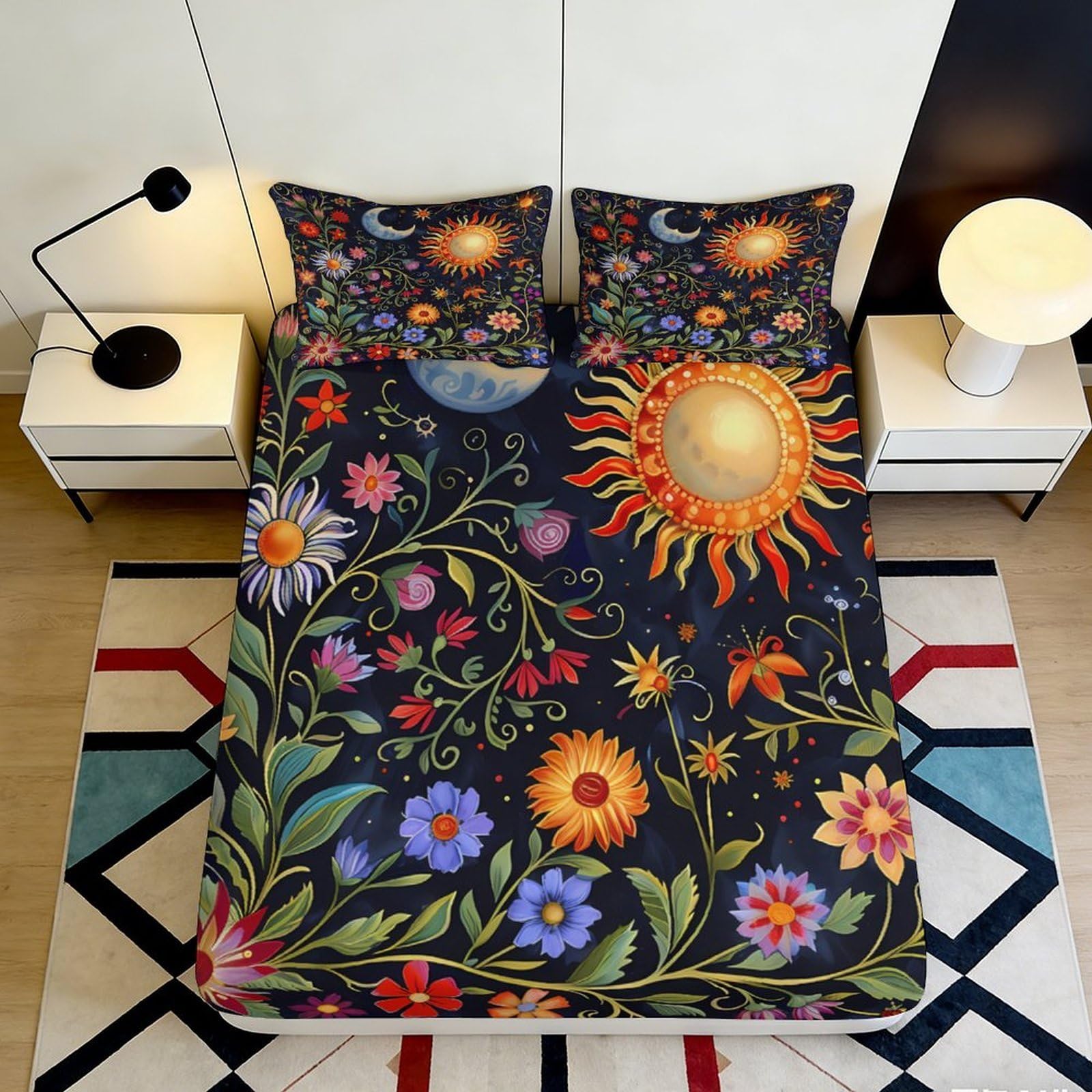 3D Printed Sun Moon Fitted Sheet Microfiber Floral Night Sky Mattress Cover Non Slip Washable for Bedroom Guestroom 160x200x25cm