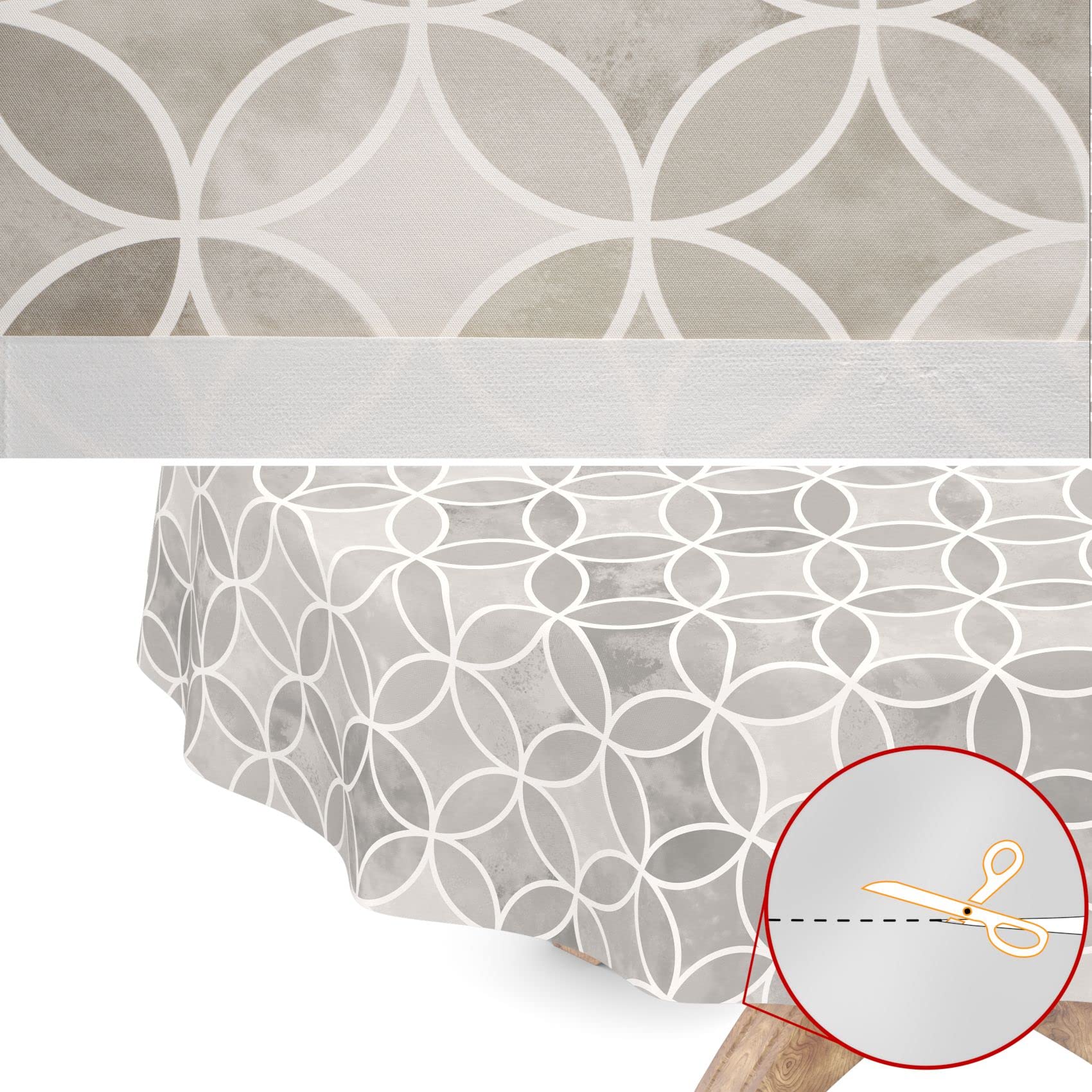 Nappe de table en toile cirée lavable, Wachstuch, ovale, bord coupé, motif kaléidoscope, gris, facile d'entretien, 140 x 240 cm