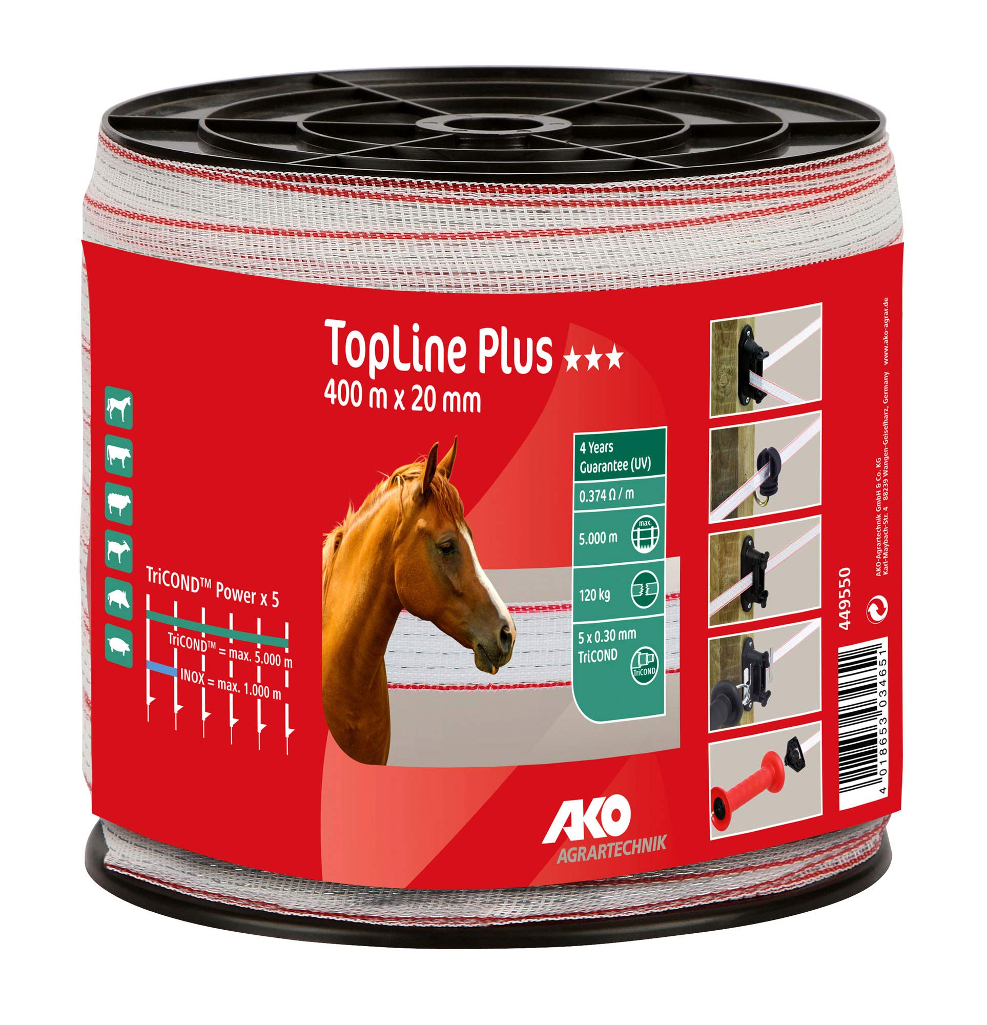 AKO Fencing Topline Plus Weidezaunband, 20mm, weiß/rot - 400m - Widerstand: 0,37 Ohm, sehr Gute Leitfähigkeit für alle Zaunanlagen - Anzahl Leiter: 5X TriCOND - universell einsetzbar