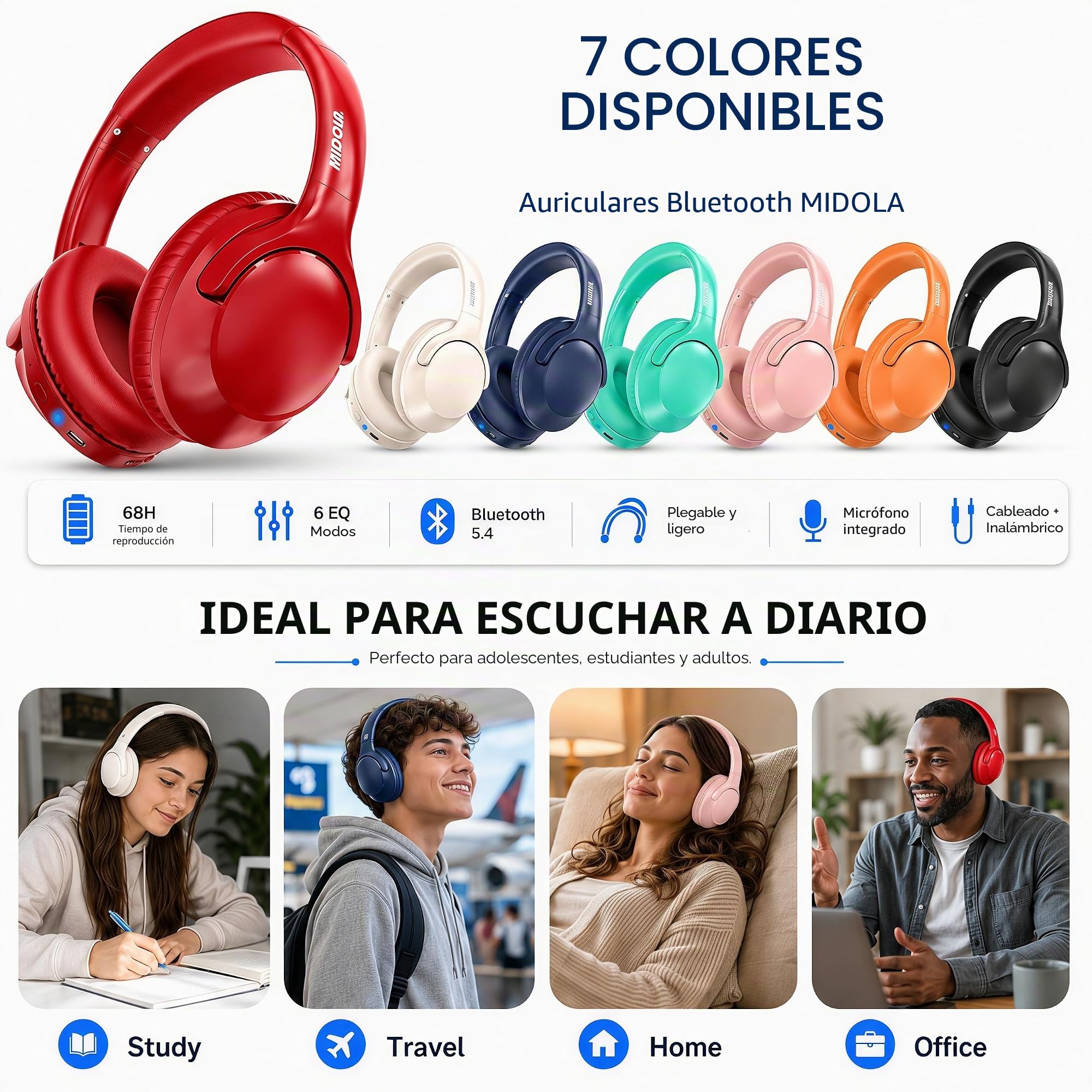 MIDOLA Auriculares Bluetooth sobre la oreja 68H Tiempo de reproducción 6 EQ Auriculares inalámbricos con micrófono HiFi Estéreo Plegable Ligero Deep Bass para Viajes Casa Oficina Teléfono Celular Rojo