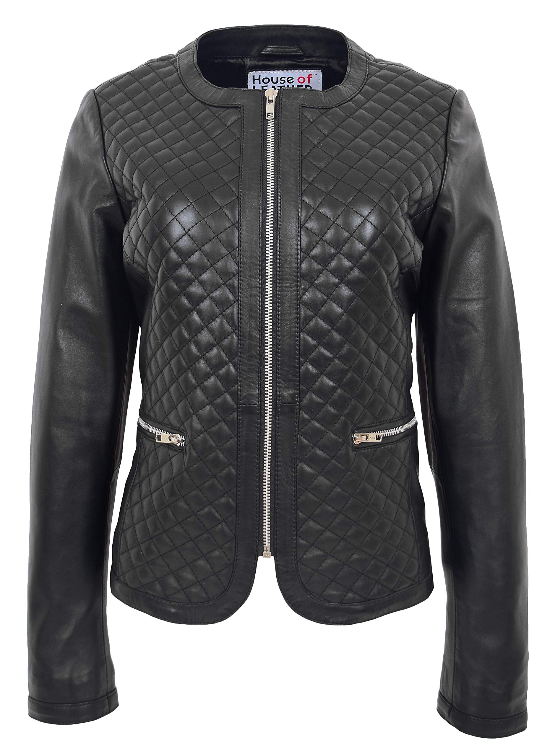 House Of Leather Women's Black Real Leather Collarless Jacket Quilted Design Joan (20, )