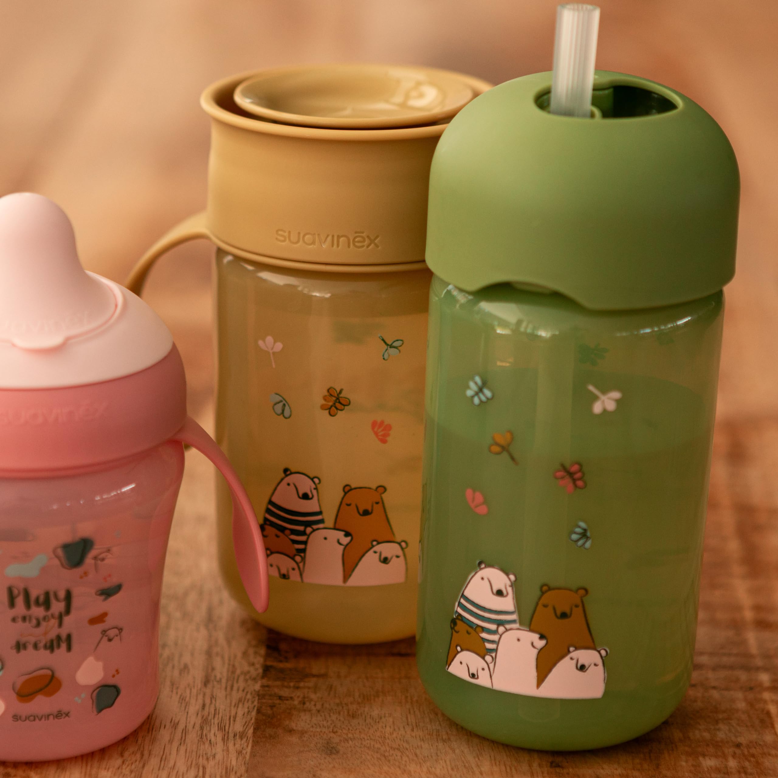 Suavinex, Tazza didattica per bambini con cannuccia in silicone morbida e flessibile, antigoccia e antimacchia, lavabile in lavastoviglie, con tappo, 340 ml, bimbi +18 mesi, My Family Verde