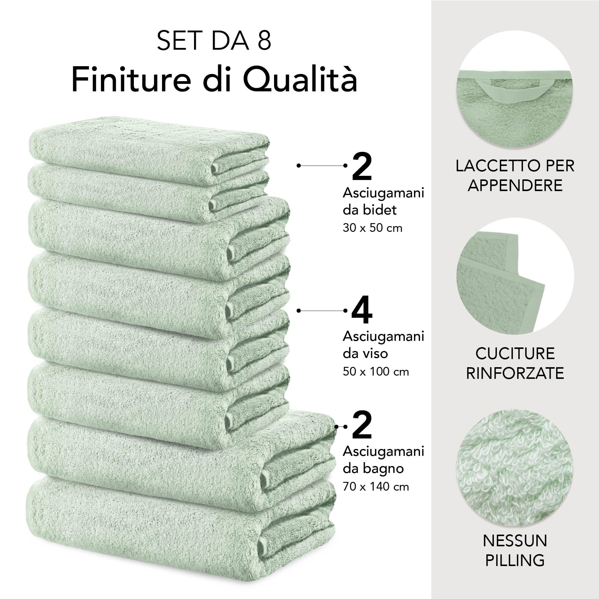 Ôhm Set Asciugamani 8 Pezzi Cotone Salvia | Set bagno 8 pezzi 100% cotone 500 g/m², asciugamani coordinati, morbidi e assorbenti, certificato Oeko-Tex