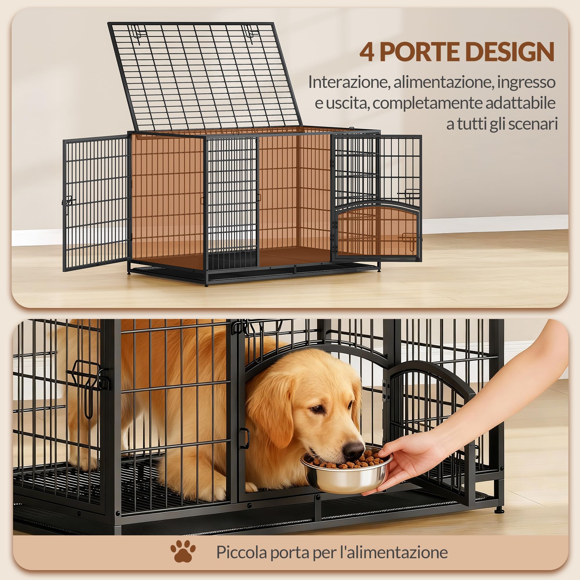 Hundekäfig Hochbelastbar, XXL Gitterbox für Zuhause, 4-Türiger Hundebox Metall mit Seitentür und Herausnehmbares Bodenschale, Leicht zu Reinigen, Haustierkäfig, Schwarz, 122 x 74,5 x 80,5 cm