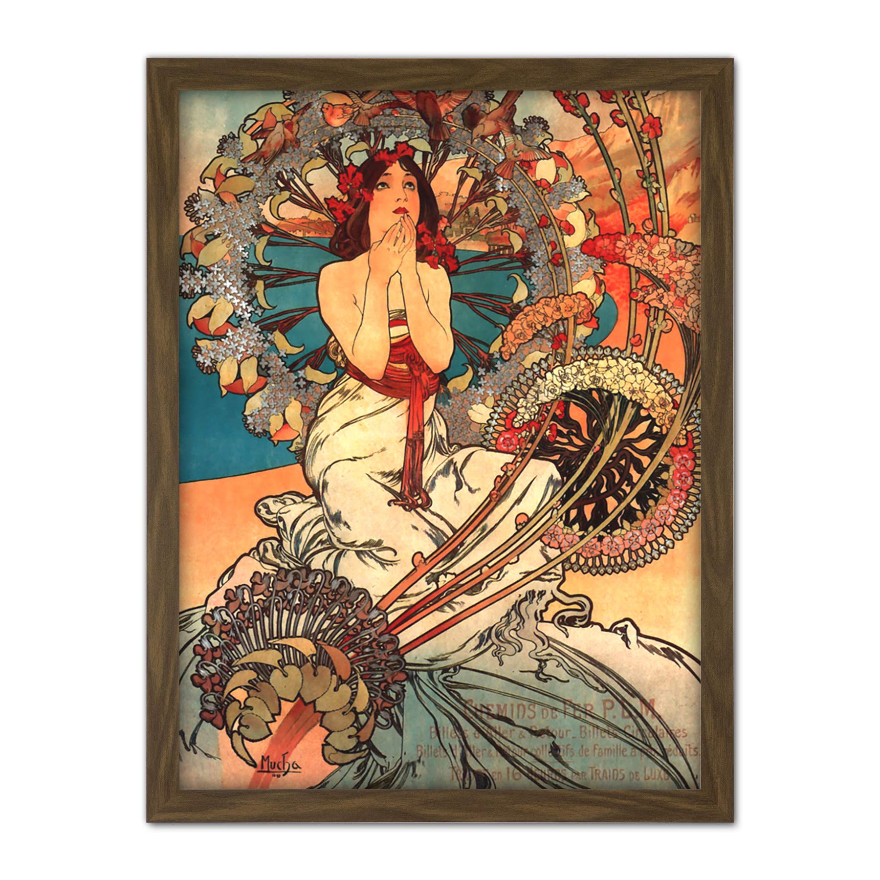 Wee Blue Coo Mucha Art Nouveau Woman Floral Artwork Framed Wall Art Print 18X24 Inch