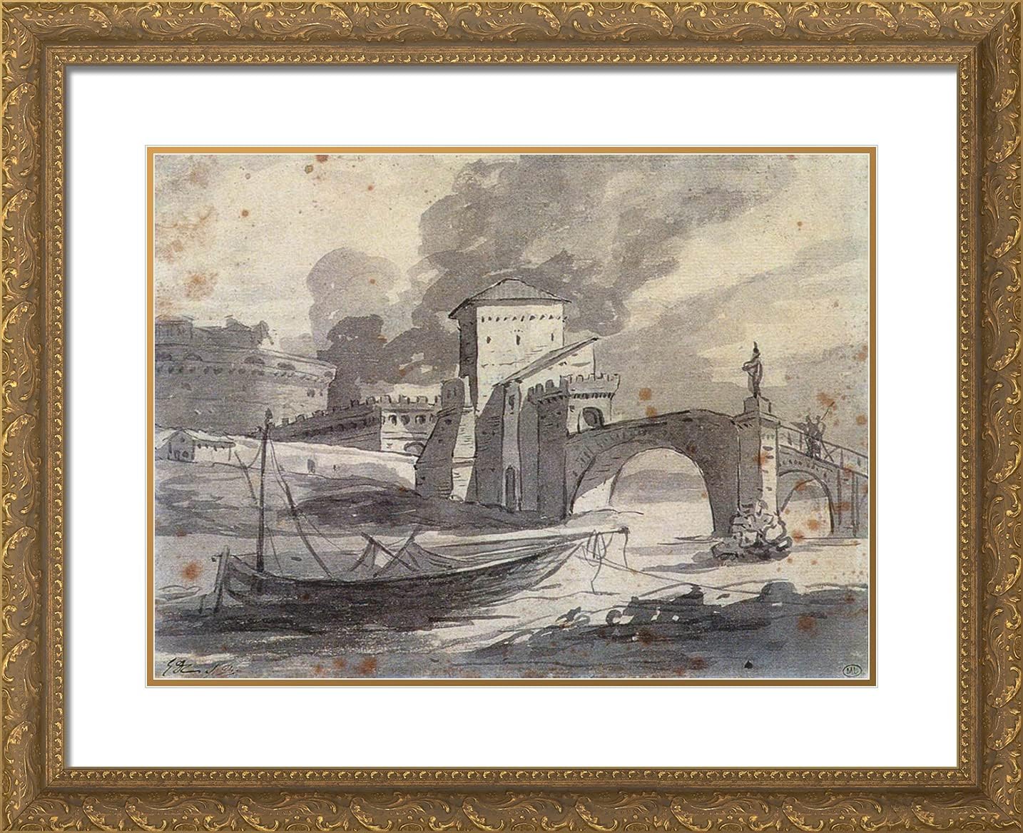 ArtDirect David, Jacques-Louis 24x20 Gold Ornate Framed Art Print with Double Matting Titled: View of the Tiber and Castel St. Angelo