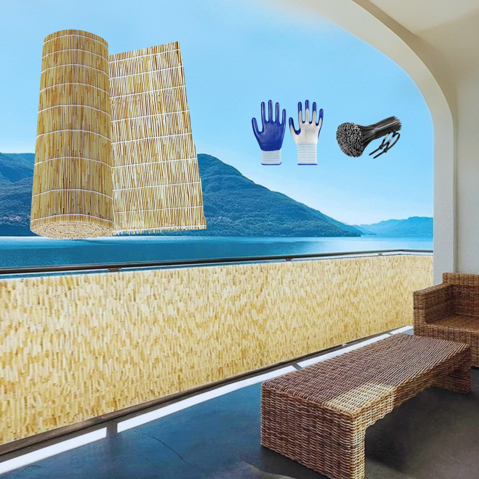 100 x 350 cm - Zewnętrzny balkon i ogród ochrona przed wiatrem i słońcem, roleta pionowa, naturalny bambus prywatność na patio i podwórko