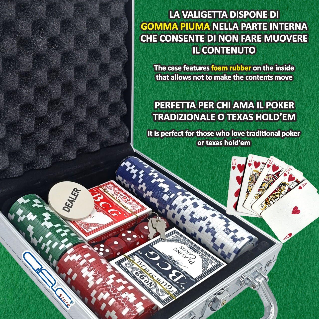 Valigetta da Poker Texas Hold’em Blackjack con 100, 200, 300 Chips Fiches, 2 Mazzi di Carte, 5 Dadi e Dealer - Colore Argento (100)