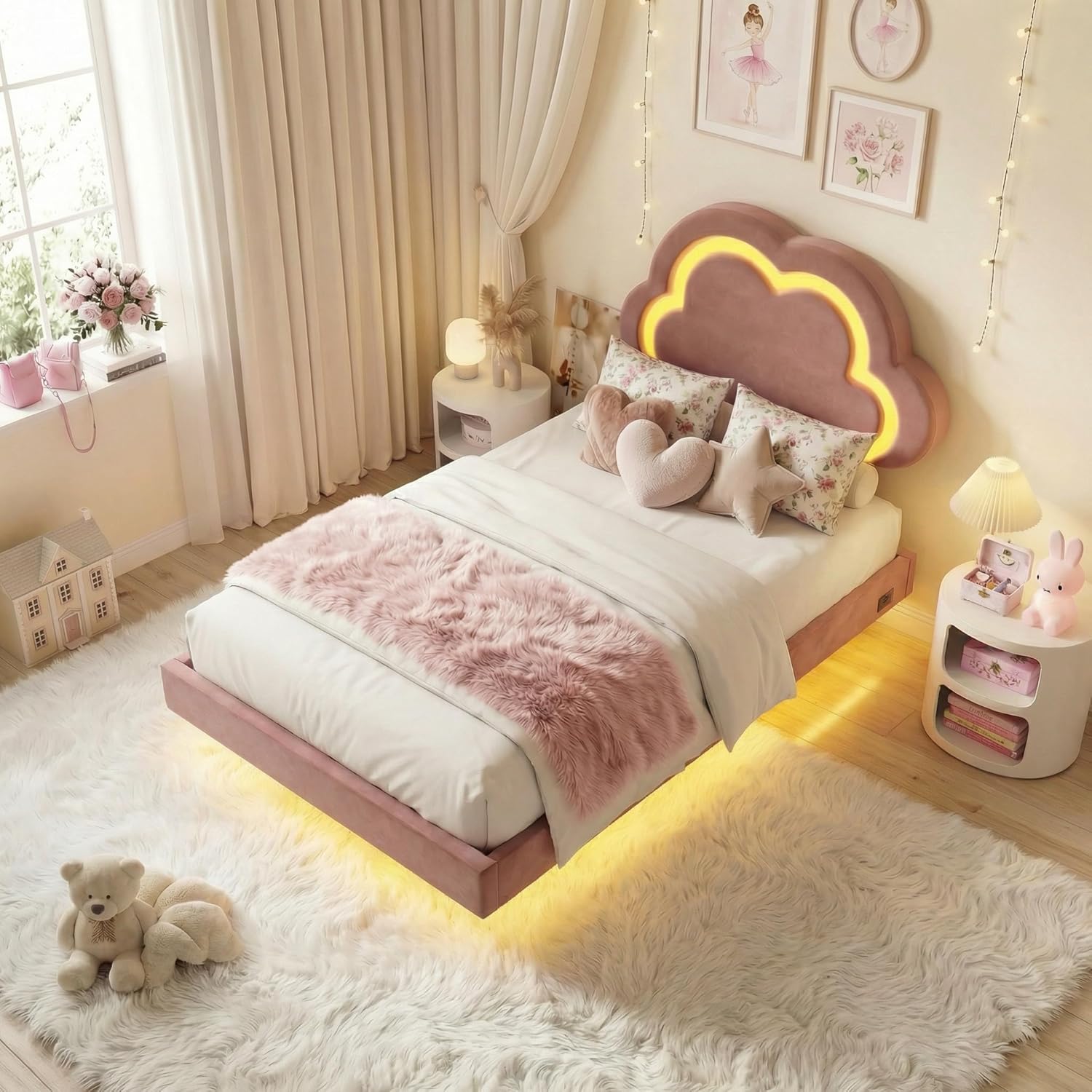 Full Size Bed Frame with Cloud Headboard,Floating Full Bed Frame with Charging Station&LED Lights,Velvet Upholstered Platform Bed Frame for Kids/Girls,Wood slat support,No Box Spring Needed,Pink | Cloud Headboard, Charging Station, LED, Floating Bed Frame, Velvet Upholstered