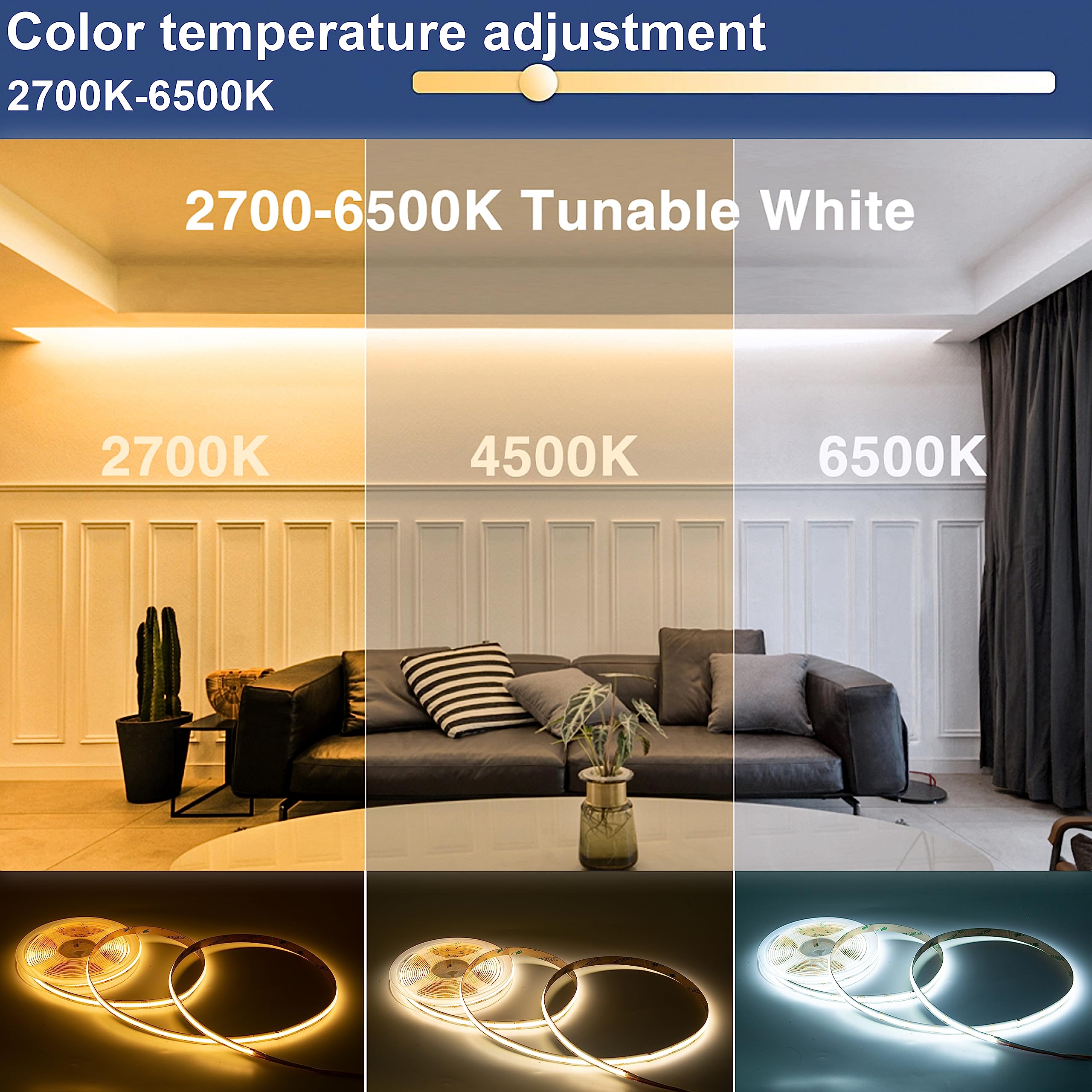 WIFI CCT COB LED Strip, 5 metros regulable 2700 K - 6500 K 24 V tiras de luz LED blancas ajustables, 640 LED/m CRI90+Daul blanco LED con control de aplicación, compatible con Alexa Google Home