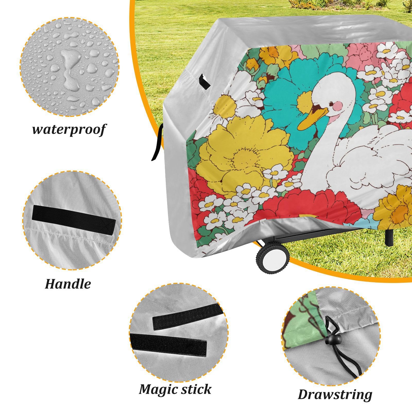 Swan Colorufl Peony pokrowiec na grill gazowy, 158 cm, wodoodporny, wytrzymały, odporny na rozdarcie, odporny na blaknięcie materiał, pokrowiec na grilla z regulowanym sznurkiem na kurz i wiatr