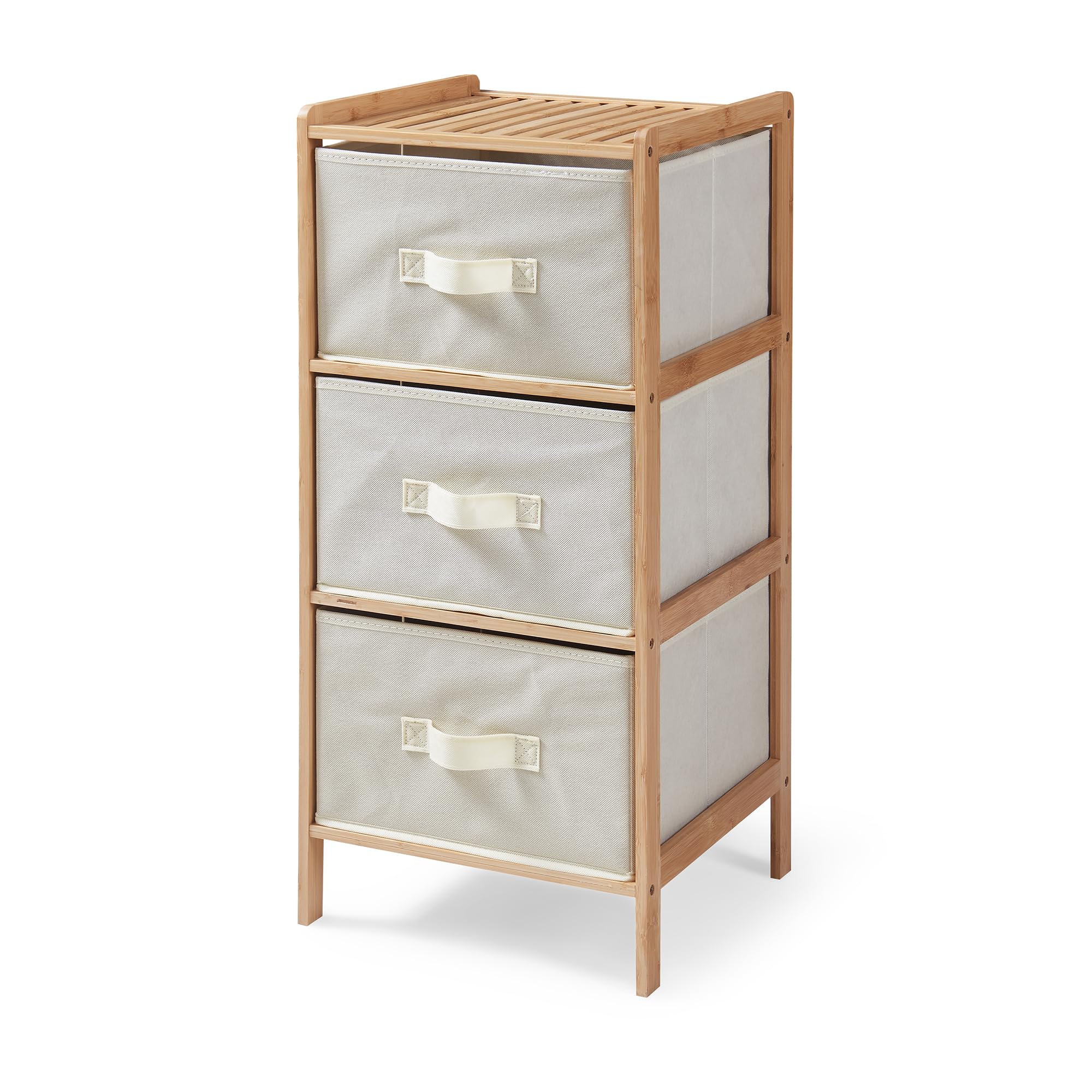 [en.casa] Cajonera Maldon Cómoda Mueble Versátil Aparador con 3 Cajones para Dormitorio Salón Sala de Estar Recibidor Bambú Cestas de Vellón 79x37x35cm - Bambú Natural/Beige