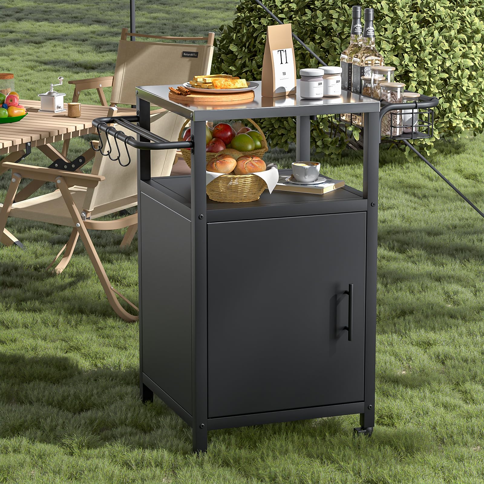Grillwagen Grilltisch Outdoor Grill Trolley Küchenwagen, Edelstahl, wetterfest, mit Schrank und 2 Rollen für BBQ und Garten