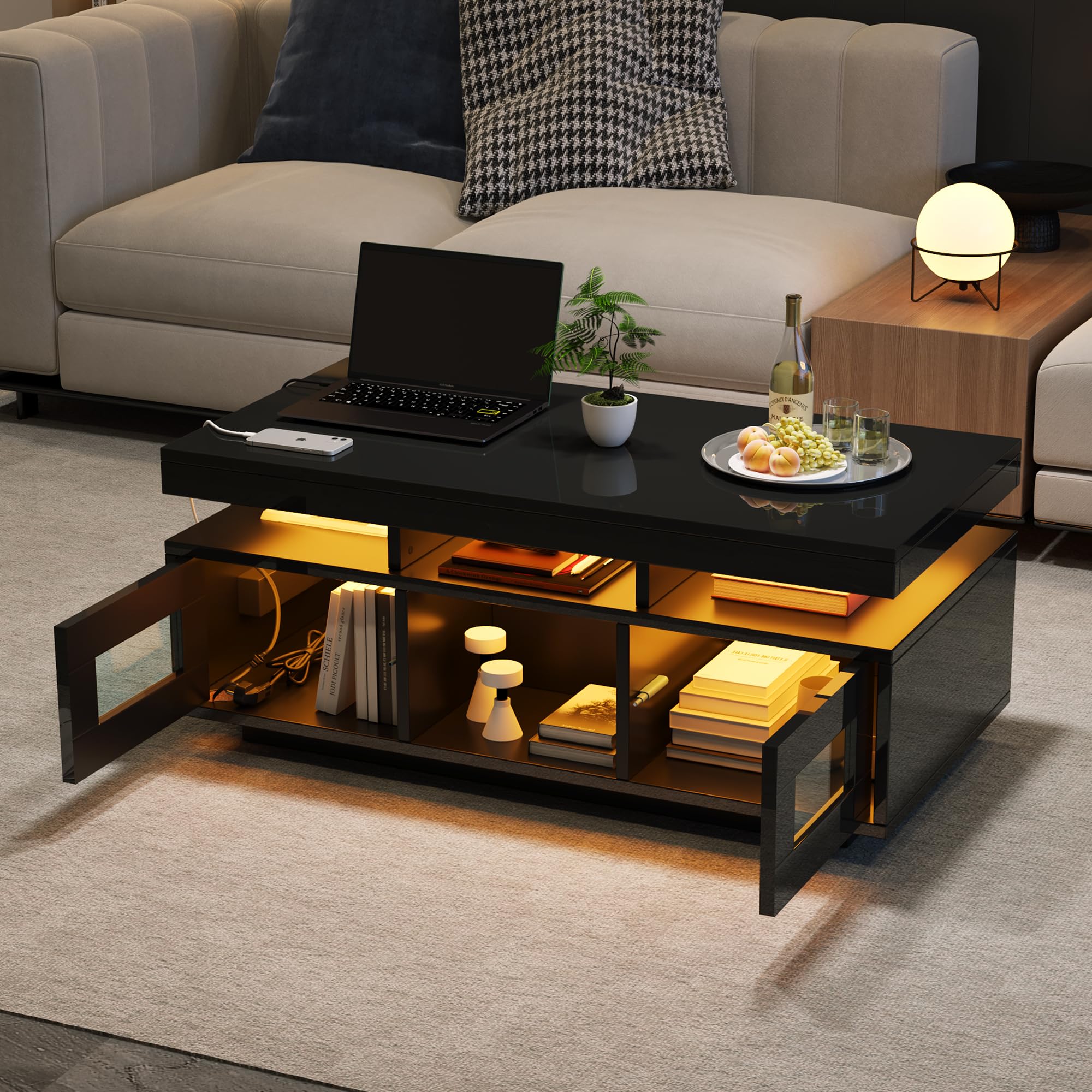 BTM 100x50x43cm Schwarz Hochglanz-Couchtisch, App-LED-Leuchten, Schrank, Ladeanschluss, Büro