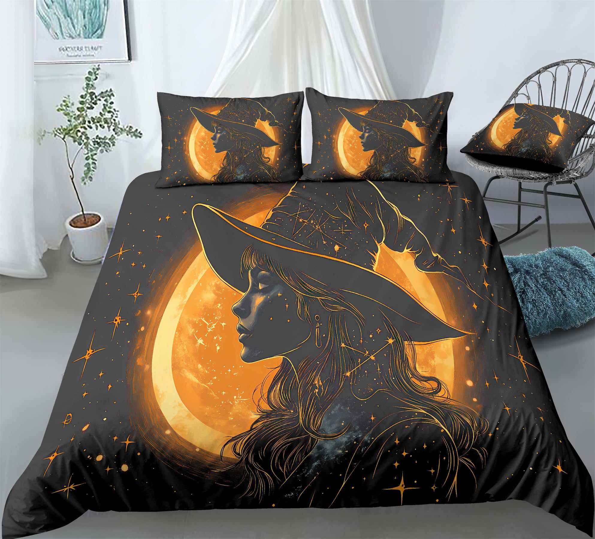 REALIN Colorful Retro Witch Print Duvet Cover Set Mystic Witch Art Bedding Girl Boy Kids Bed Sets 3/4PCS Quilt Covers/Sheets/Pillow Shams,Twin/Full/Queen/King (B,Full-200x229cm-3PCS)