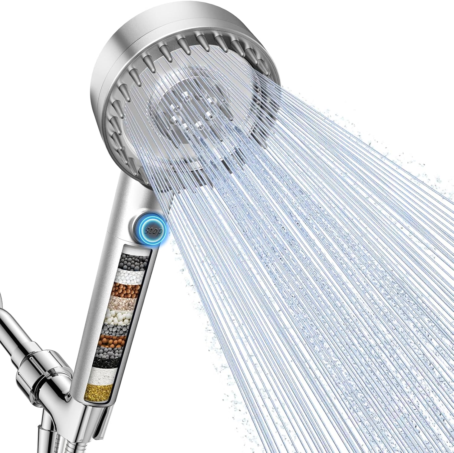 Filtered Shower Head with Handheld, High Pressure 4 Spray Mode Showerhead with Filters, Water Softener Beads for Hard Water with ON/OFF Switch for Pets - Remove Chlorine (Silver, 5 inch Panel) Silver 5 inch Panel