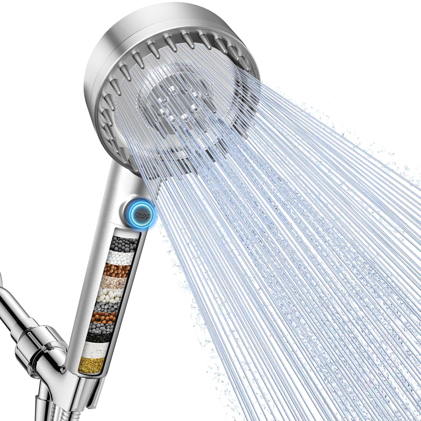 Filtered Shower Head with Handheld, High Pressure 4 Spray Mode Showerhead with Filters, Water Softener Beads for Hard Water with ON/OFF Switch for Pets - Remove Chlorine (Silver, 5 inch Panel)