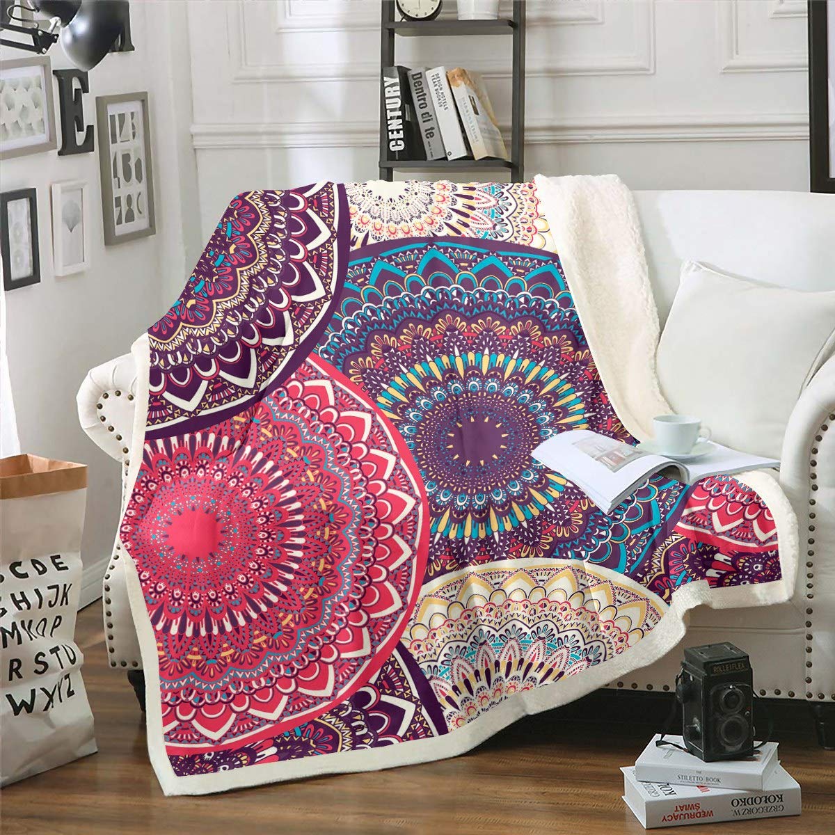 Coperta in pile stile bohémien, stile bohémien, per letto, divano, hippie, mandala, sherpa, traspirante, verde, bianco, sfocato, decorazione della stanza, 70 x 100 cm