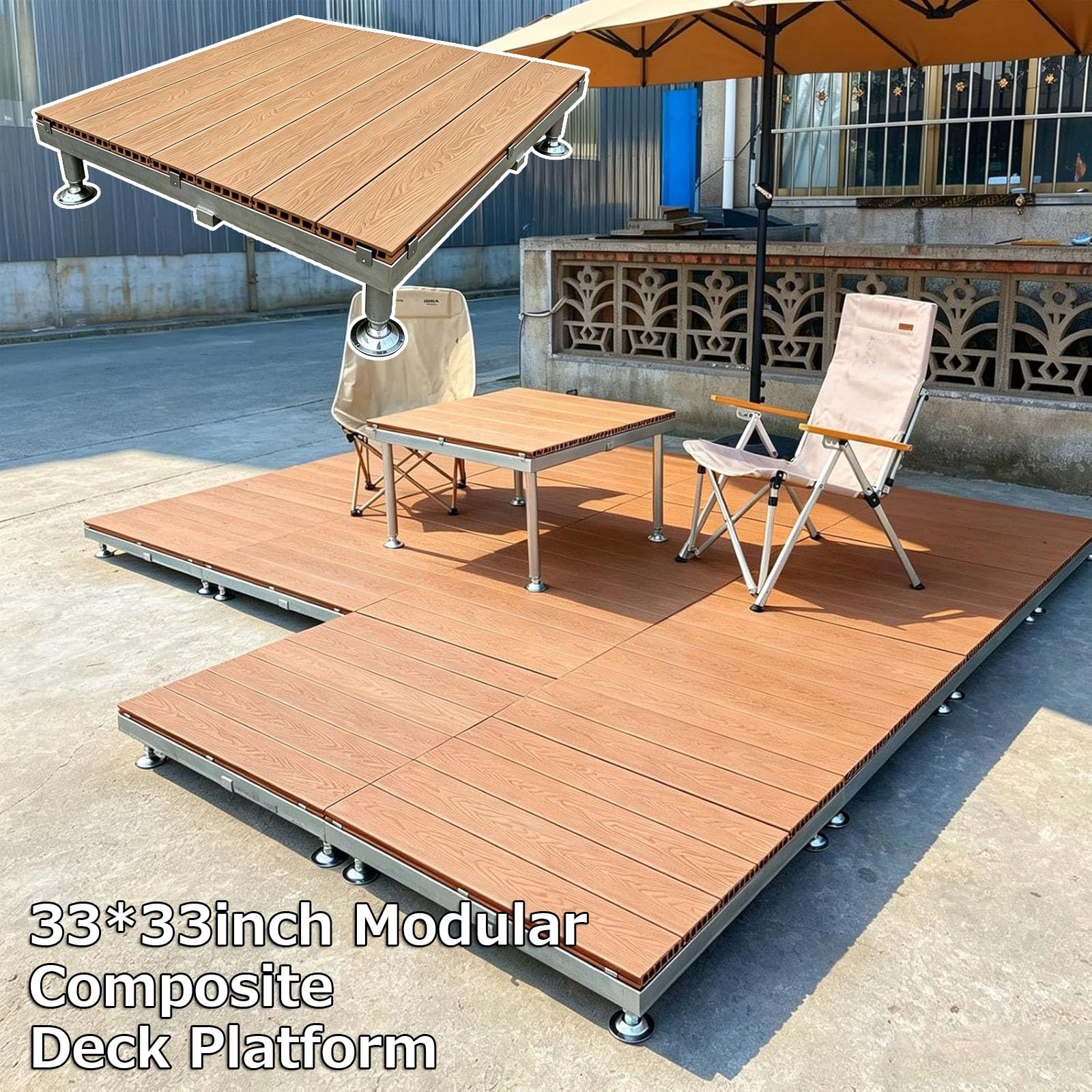 Pavimento Terrazzo Piattaforma Decking WPC Modulare Con Piedini Regolabili | 84x84cm Piastrelle Rialzato Da Giardino Esterno Con Telaio Metallico,Impermeabile, Per Campeggio, Palco(Light brown)