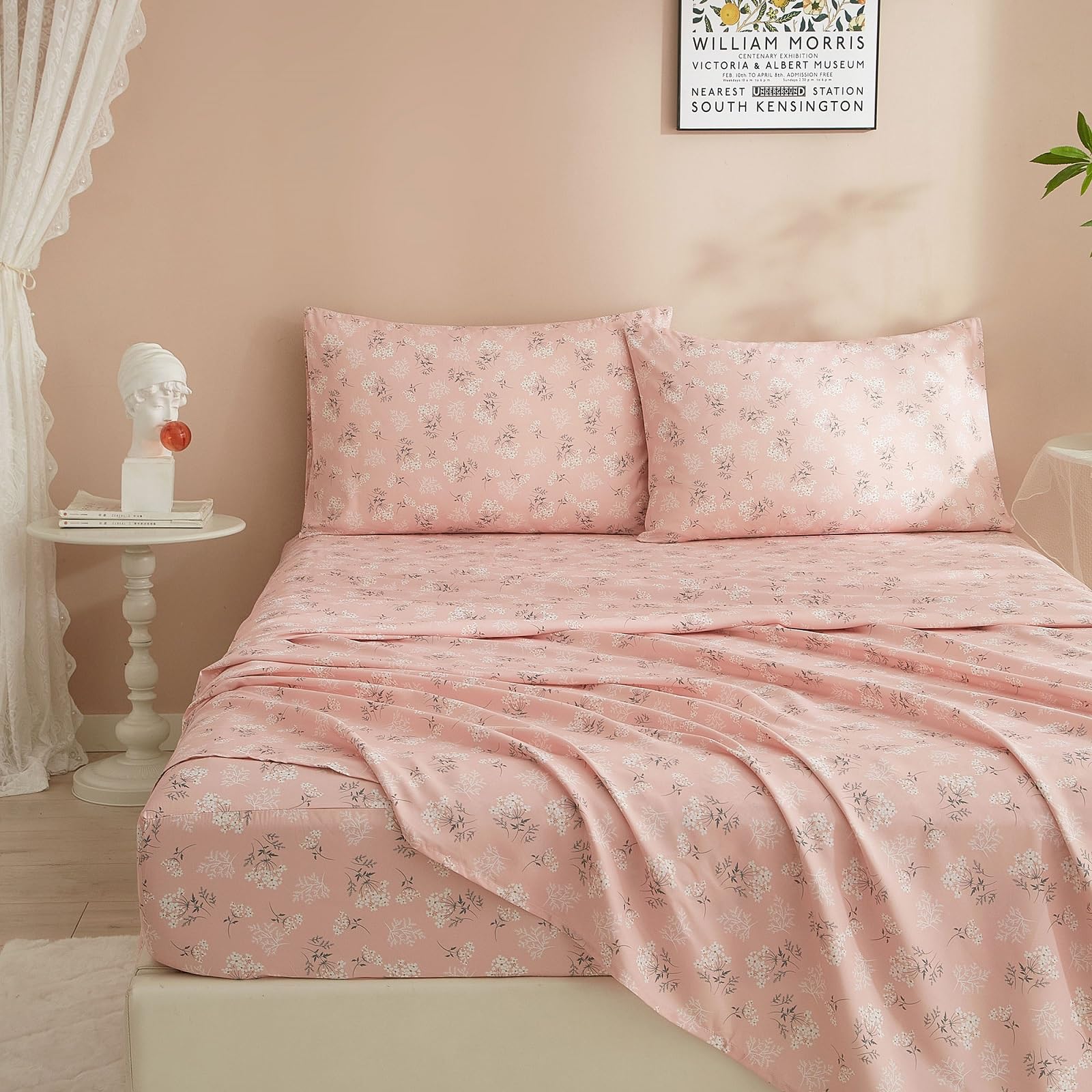 Boho Pink Floral Sheets Set Twin Size Bed Sheets Cooling Soft Botanical Flower Sheets & Pillowcase Wrinkle Free Sheets with 16