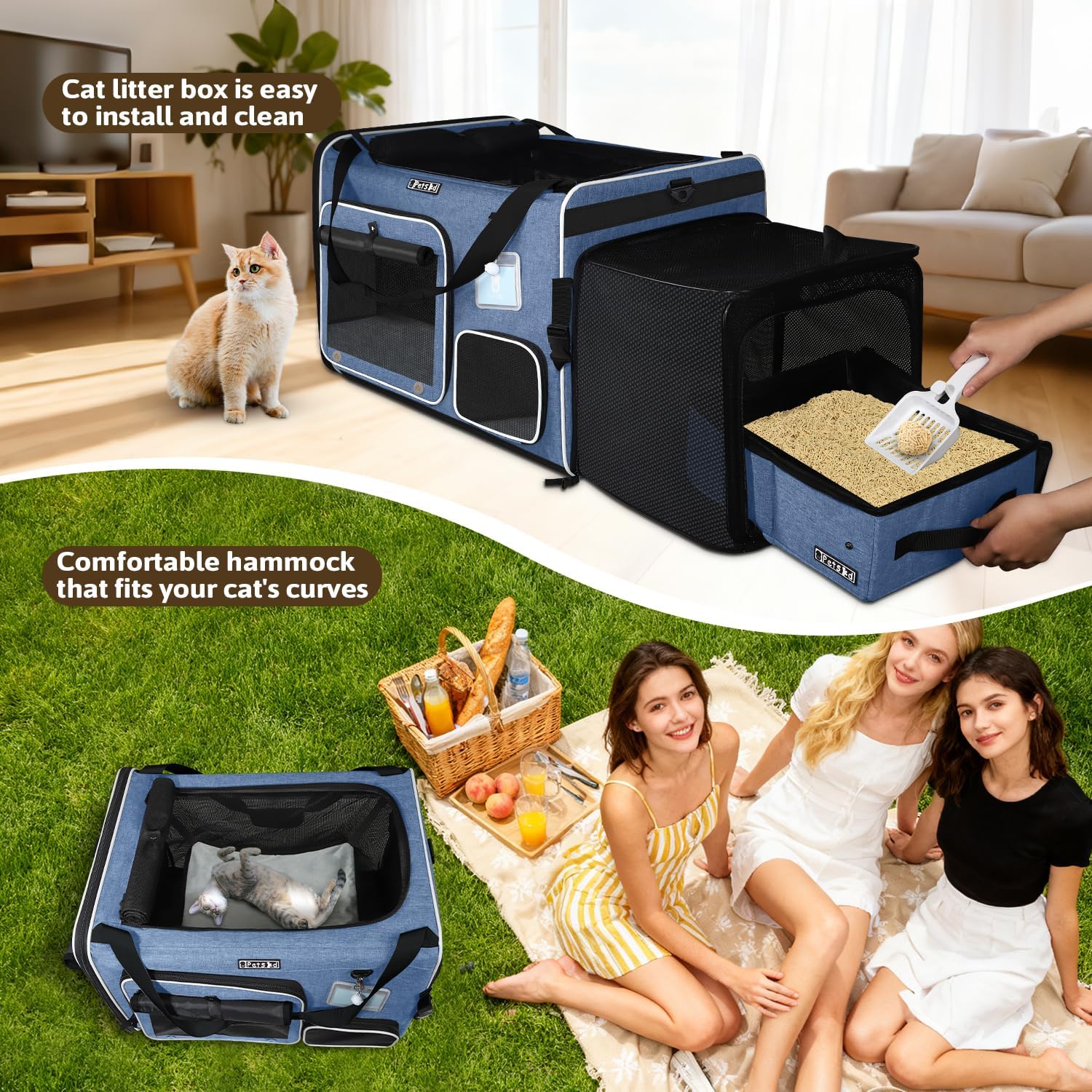 Petskd Side Expandable Extra Large Cat Car Carrier with Collapsible Litter Box for Long Distance Travel,24"x17"x17" Portable Soft Sided Pet Carrier with Roller Shades for 2 Cats Up to 55LBS(Blue)