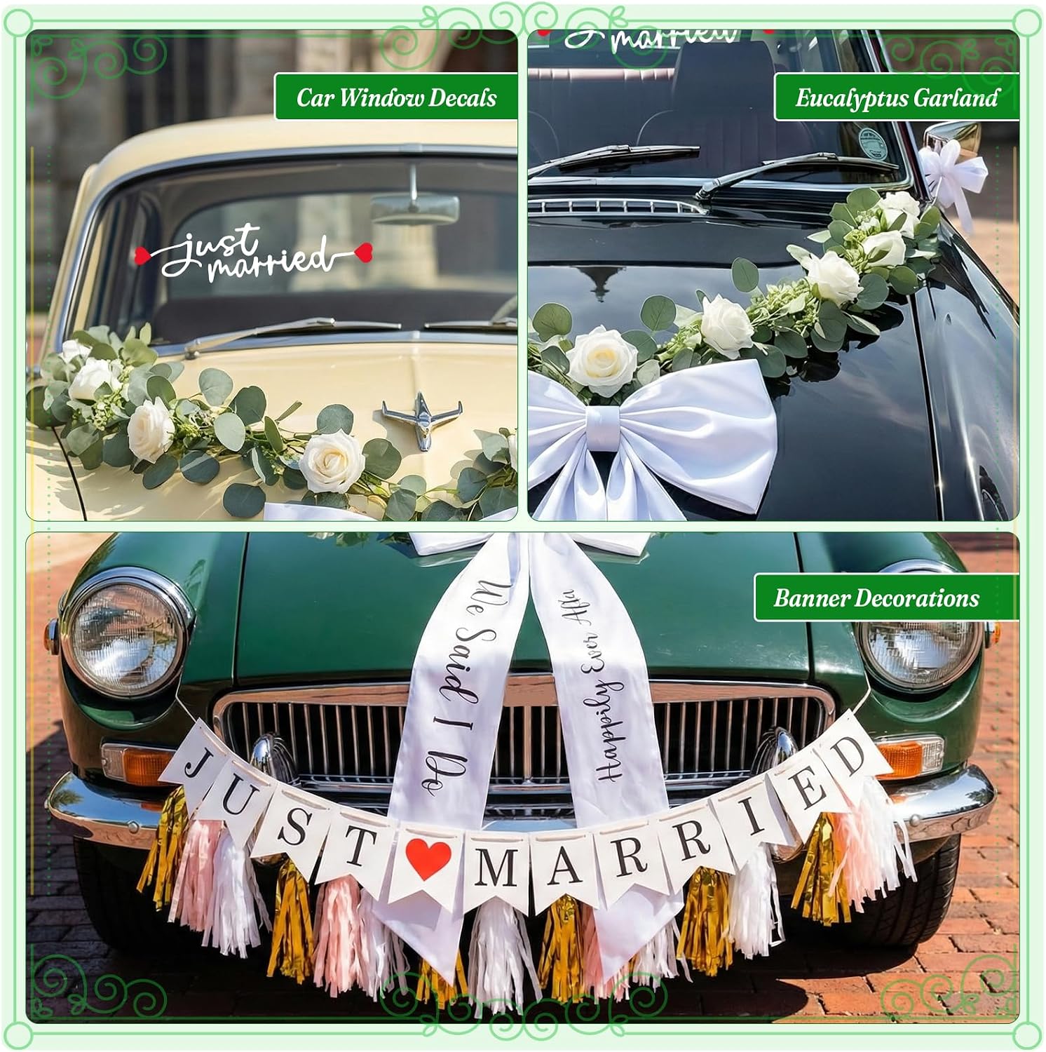 37 Pcs Just Married Wedding Car Decorations – Wedding Reception & Ceremony Decor , Jumbo Bows with Signs, Flower Vines, Garlands & Banners, Balloons, Stickers & Door Handle Bows for Bridal , Reusable