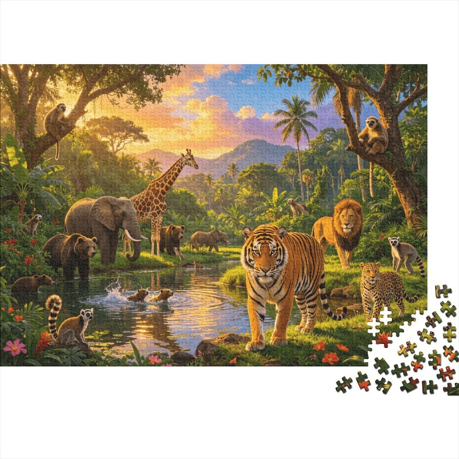 Wildlife Park Jigsaw Puzzles 1000 Pieces Recyclable Material Rich Tropical Art Senior Puzzles Educational Game Decompression Parent Child Game Props 38x26cm/1000pcs