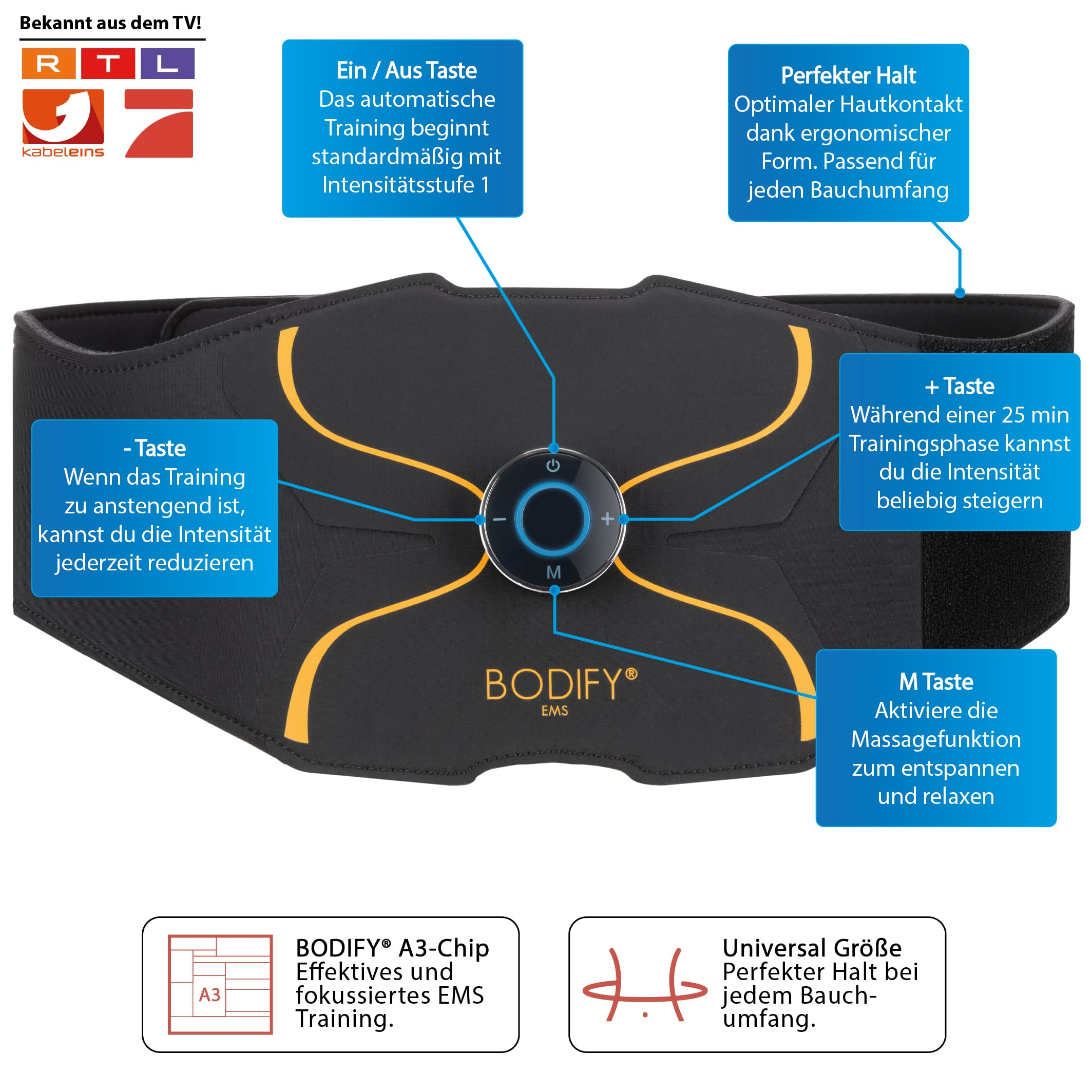 Bodify® EMS Bauchtrainer Pro - Gezielte Stimulation der Bauch Muskulatur! - Muskelaufbau - Bauchtrainer - Stimulationsgerät Bauch Muskeln - Bauchmuskeltrainer für Männer und Frauen Das ORIGINAL