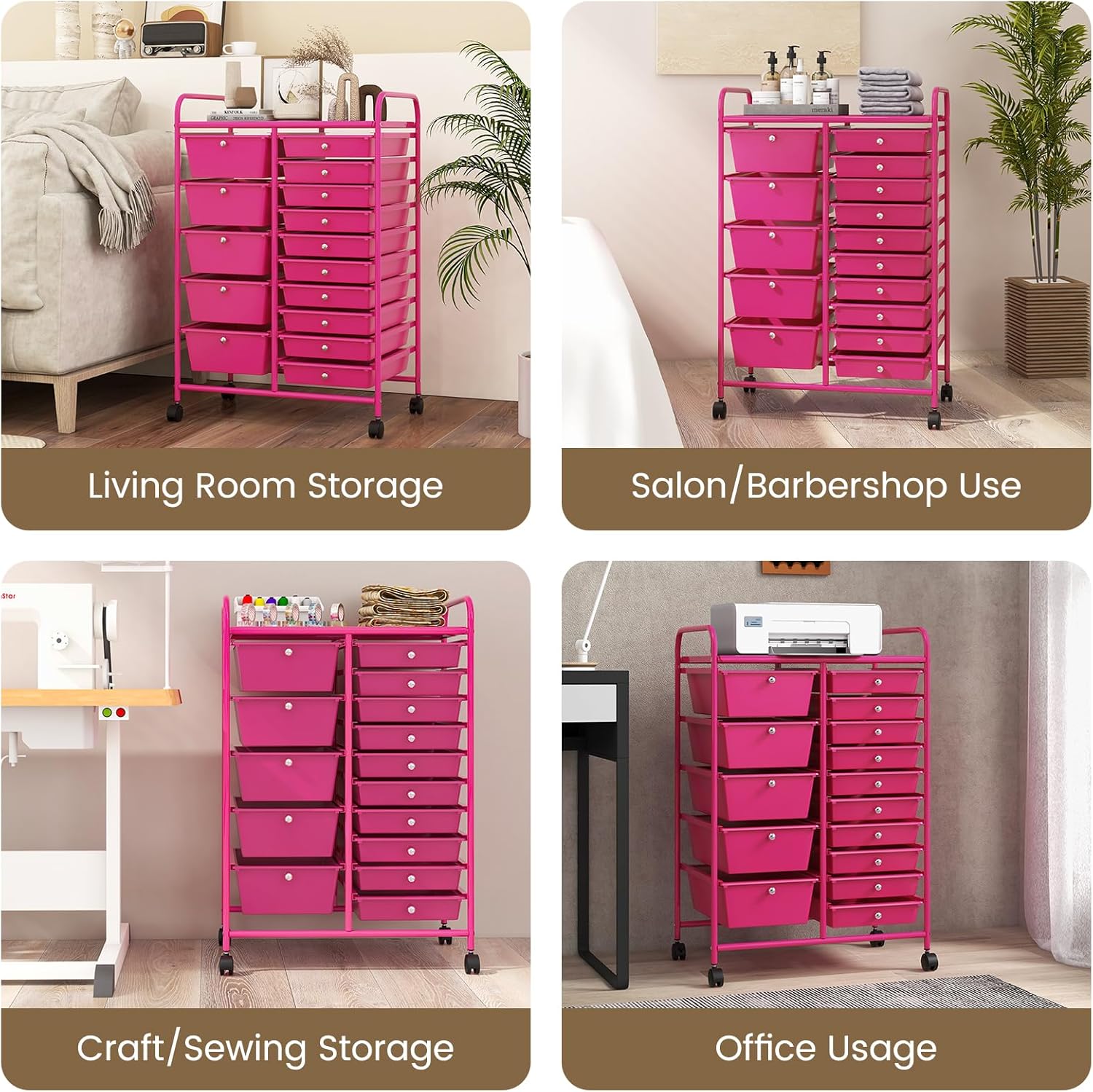 GLACER 15 Drawers Rolling Cart, Storage Cart with w/Removable Drawers & Steel Frame, Multipurpose Organizer Cart w/Sleek Handle, Utility Cart on Lockable Wheels for Home, School, Office (Hot Pink)