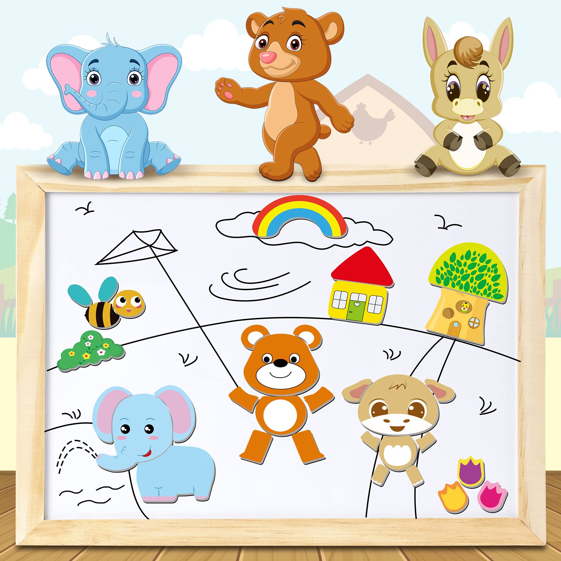 Jojoin 110 PCS Puzzle Magnetico Legno - Lavagna Magnetica Animali Giocattolo per Bambini - Giochi Montessori Educativi Lavagnetta Magnetica - Giochi Puzzle Regalo Bambini 2 3 Anni