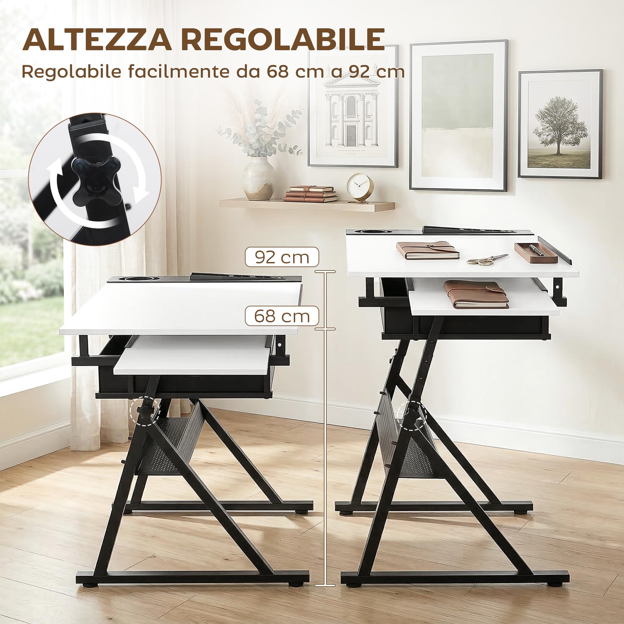 HOMCOM Tavolo da Disegno Inclinabile Altezza Regolabile con Sgabello, Scrivania per Disegno e Lavoro con Cassetti, Ripiano Portaoggetti per Pittura Ingegnere Scrittura Artisti Architetti, Bianco