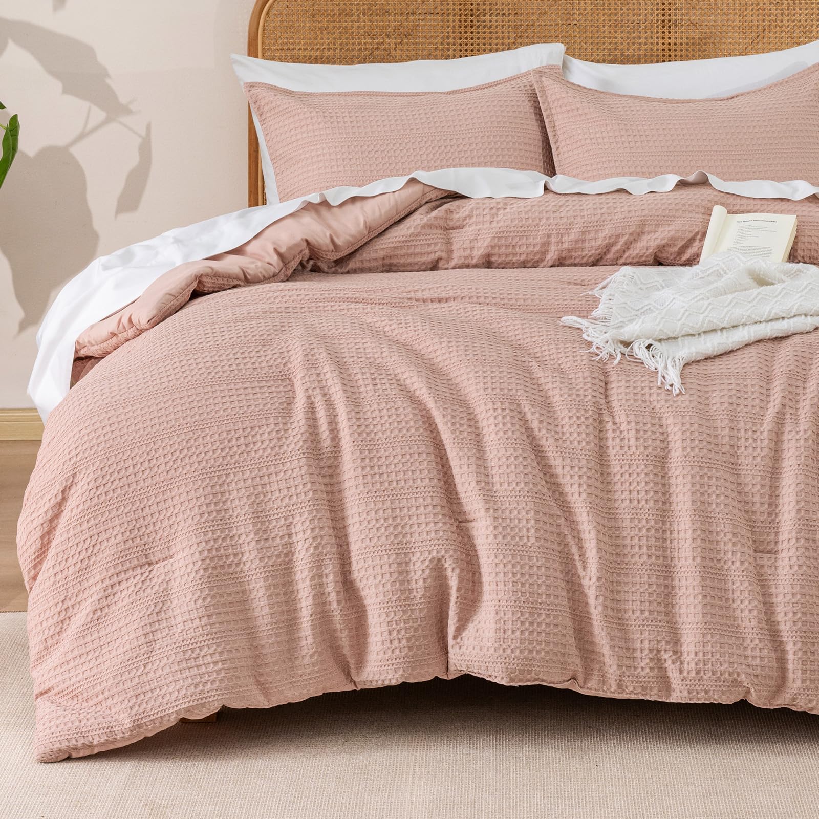 phf soft waffle comforter set king size- comfy breathable waffle weave comforter with 2 pillow shams, 3 pieces less snagging lightweight textured bedding set for all season, rose pink