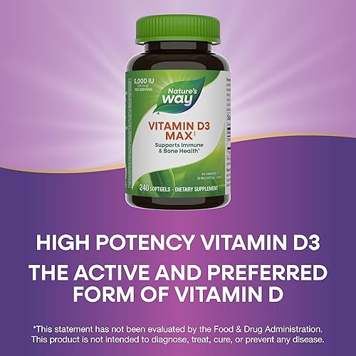 Miniatura 5 de Nature's Way Vitamina D3 Max**, vitamina D3 de alta potencia, apoya huesos y dientes saludables*, apoya la salud inmunológica*, 5000 UI (125 mcg)