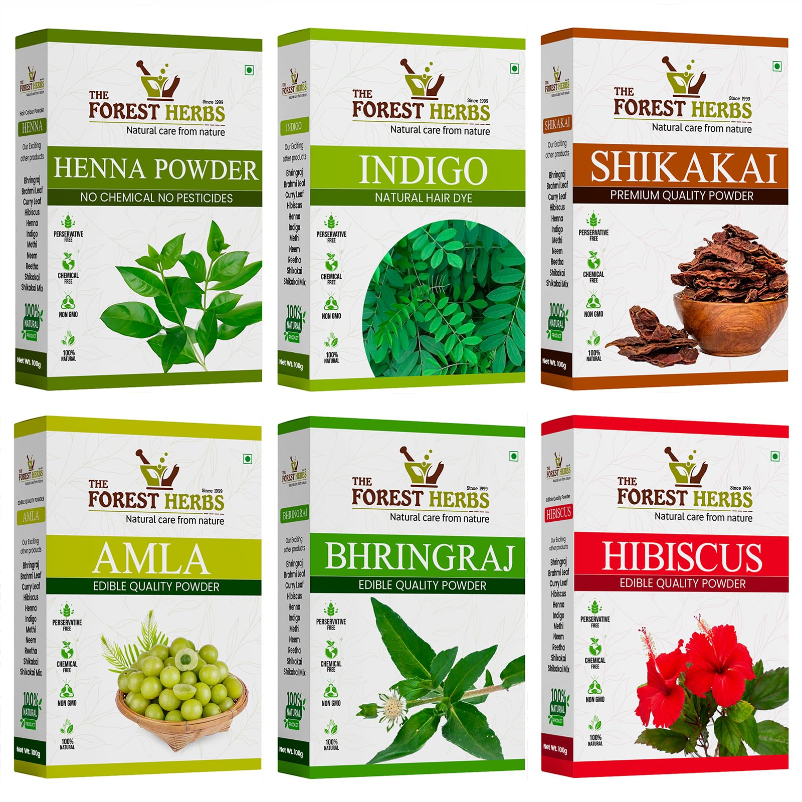 Forest Herbs 100% Natural Organic Amla, Shikakai, Bhringraj, Hibiscus, Henna and Indigo Powder for Hair Care Combo Each 100Gms