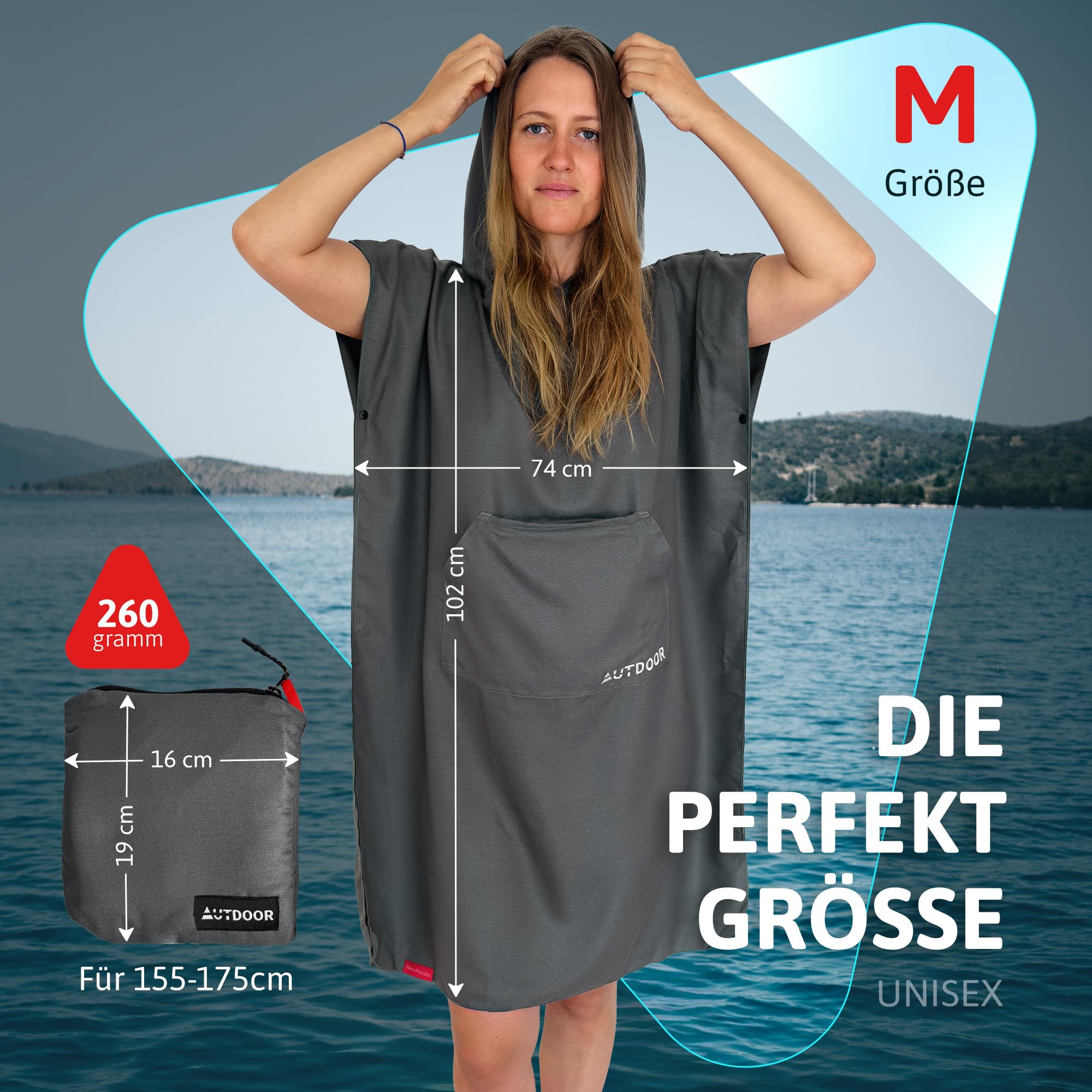 AUTDOOR NanoPoncho - Poncho de bain en nano-fibre pour homme et femme - Ultra léger et compact - Absorbant, séchage rapide et durable (Oeko-Tex) - Aide au déménagement de qualité supérieure pour la