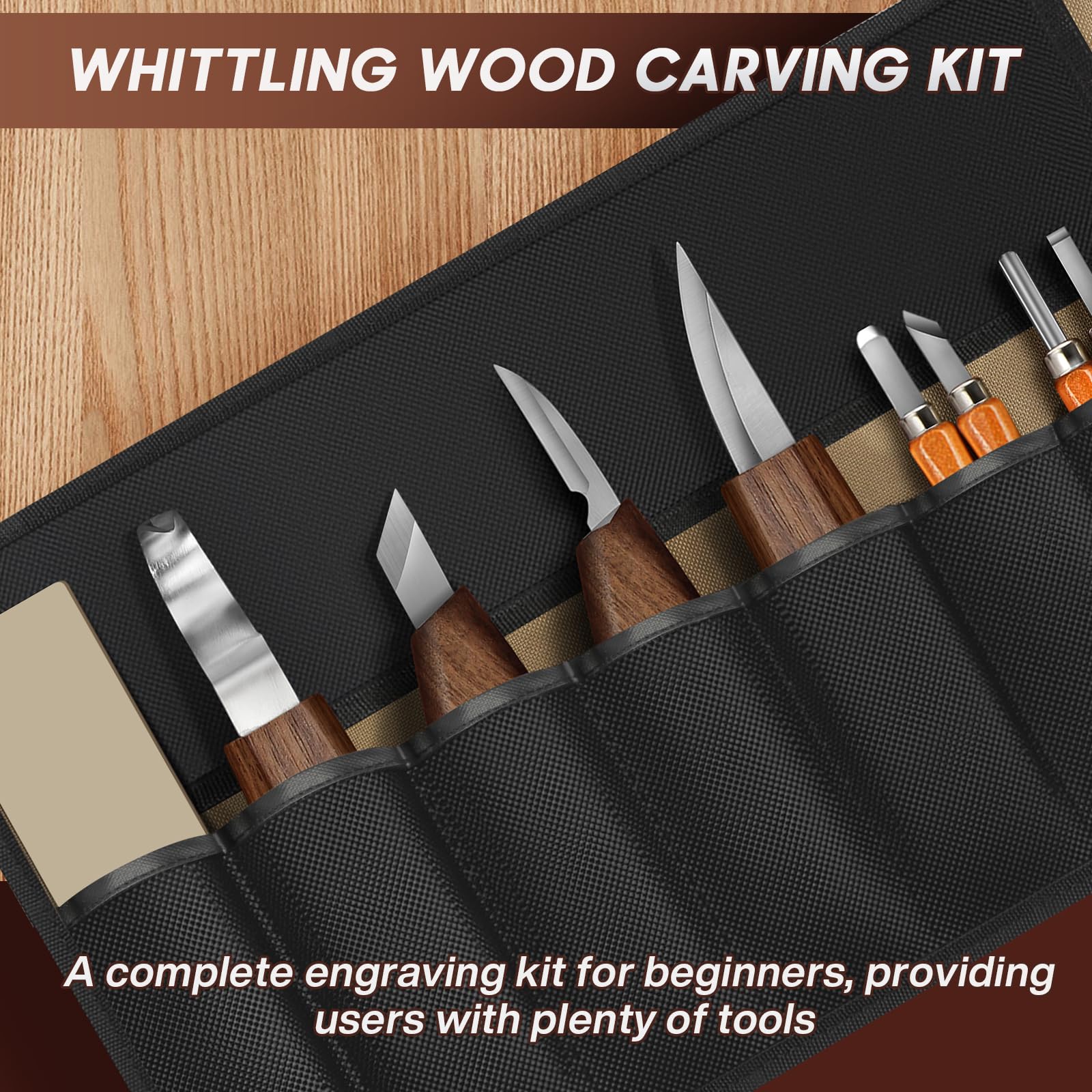 32 Pcs Herramientas para Tallar Madera, Tallar Madera con Estuche de Cuero, Cuchillos de Carpintería con Bloques de Tilo, Regalo para Adultos,Principiantes y Aficionados al Bricolaje