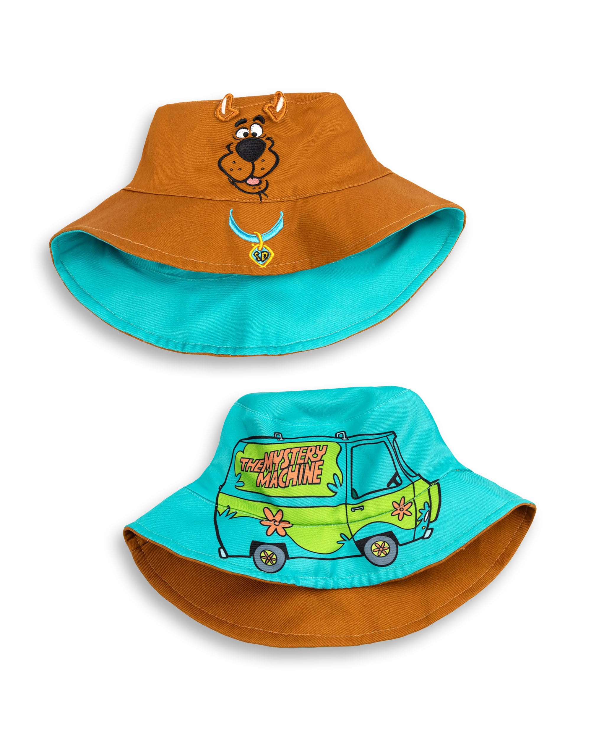 Scooby-Doo! Kids Reversible Bucket Hat | Brown Face & Blue Mystery Machine Design | Unisex Outdoor Sun Protection Hat for Children | Cute Cartoon Apparel
