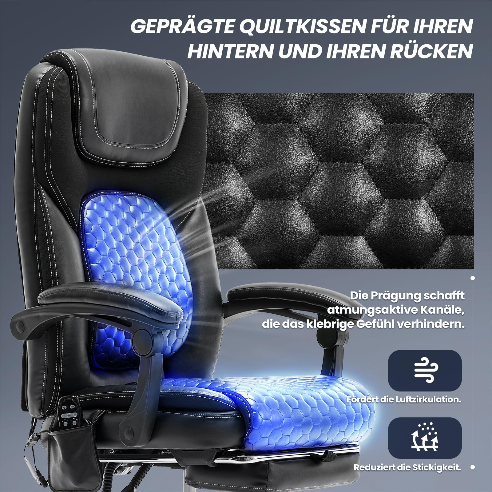 COLAMY Ergonomischer Chefsessel aus Leder mit 6-Punkt-Massage & 3-Stufen-Heizfunktion, höhenverstellbar, verstellbare Rückenlehne, ausziehbare Fußstütze – Büro & Home Office, Schwarz