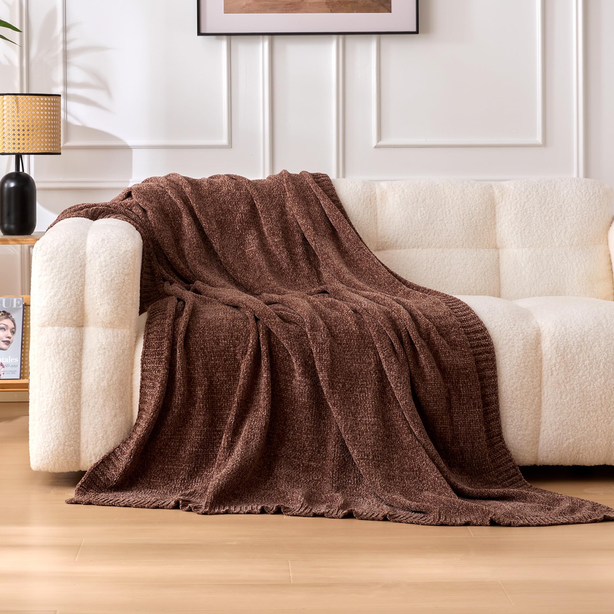 Amazon Basics Chunky Chenille Knit Microfiber Throw Blanket for Couch, Bed and Sofa, Soft and Warm Lightweight Jersey, 50"60", Brown Brown 5060in.