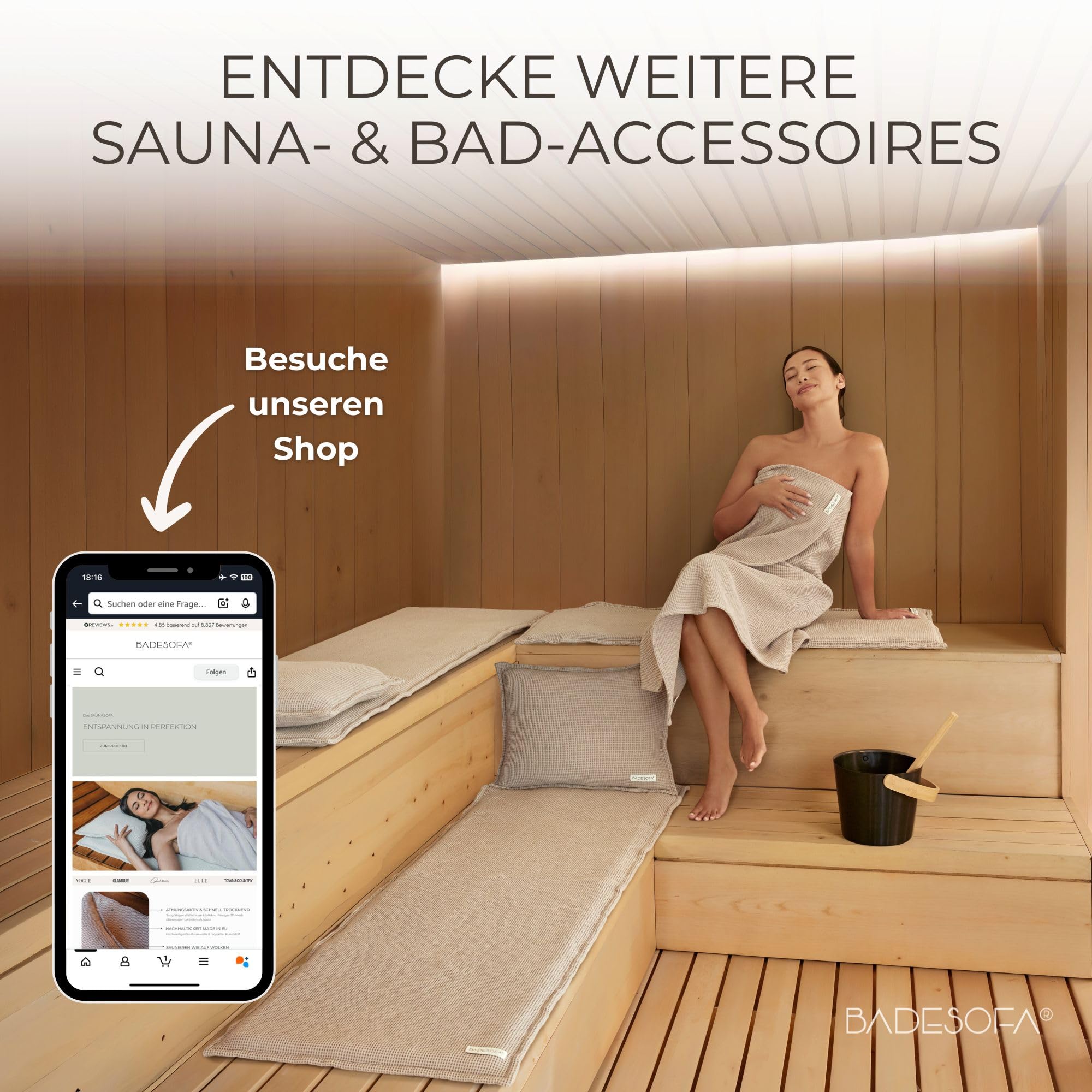 BADESOFA Sauna-Eimer mit Kelle Set – Saunakübel 5 L Aluminium Schwarz mit Bambusgriff – Skandinavisches Design, Sauna Zubehör & Aufguss Set für Sauna & Outdoor-Sauna