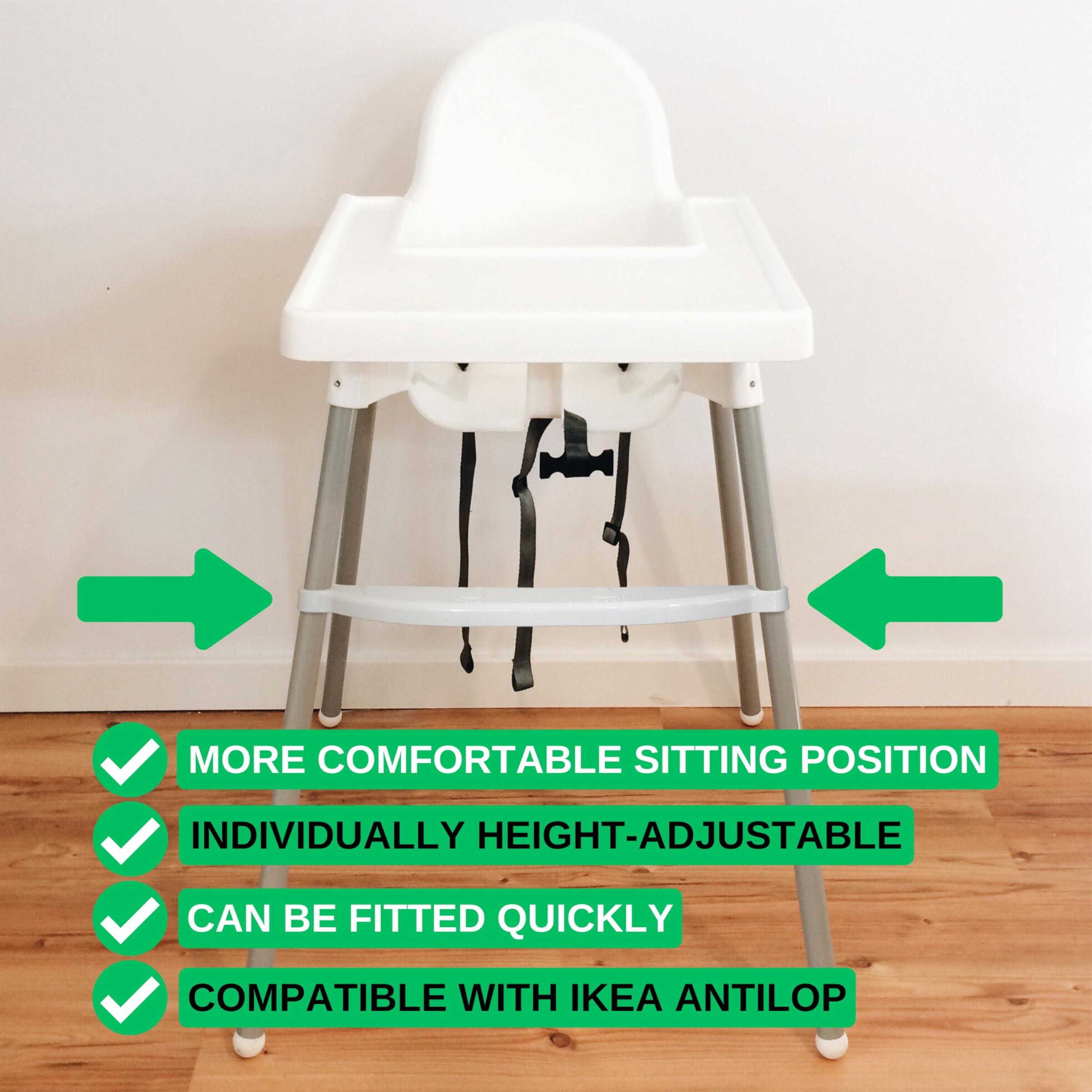 Poggiapiedi per seggiolone, 1 set, in bianco, compatibile con IKEA Antilop, regolabile in altezza con morsetti per il fissaggio alla gamba della sedia, poggiapiedi per seggiolone