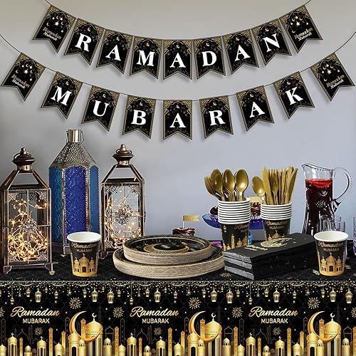 Miniatura 5 de Suministros de fiesta de Ramadán, decoración para el hogar, pancarta de Eid Ramadán Mubarak negro y dorado, platos y servilletas de papel